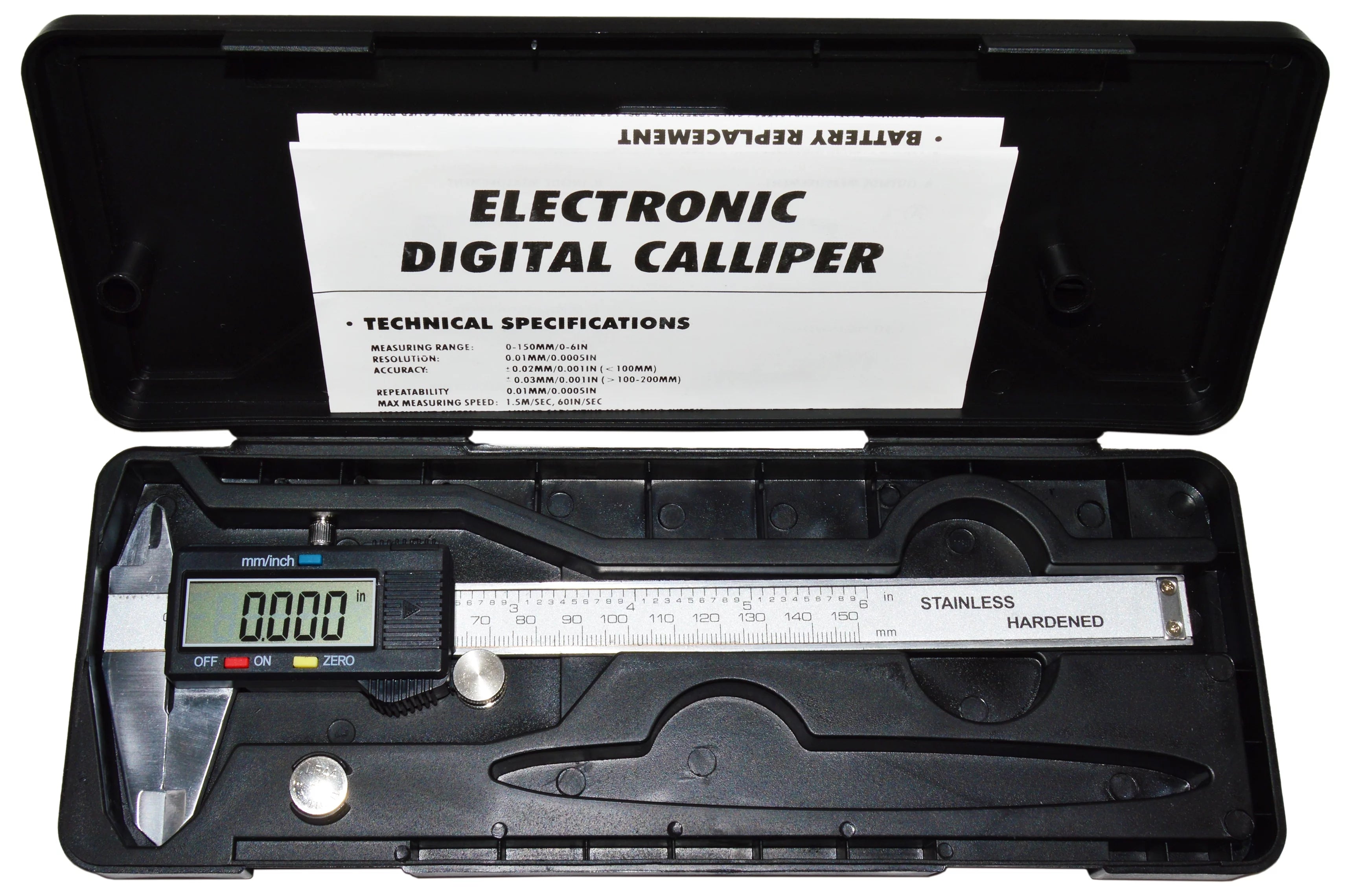 Steel 6-Inch Digital Caliper with Large LCD Screen, Includes Battery and Storage Case