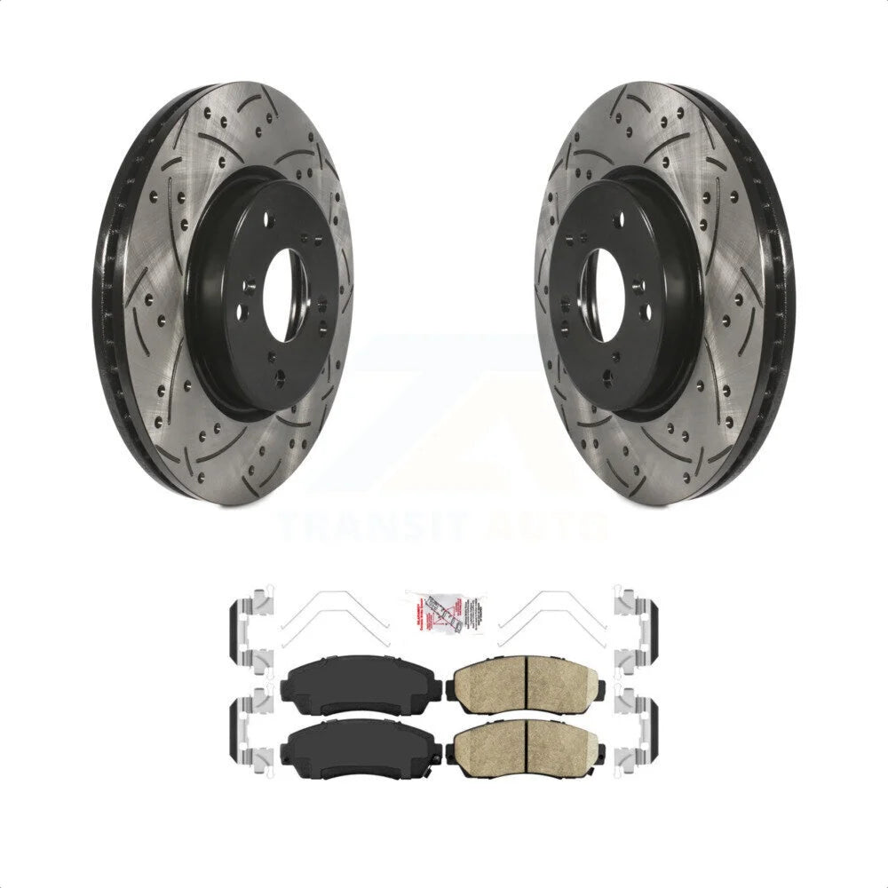 Transit Auto - Front Coated Drilled Slotted Disc Brake Rotors And Ceramic Pads Kit For 2020 Honda CR-V 2.0L with FULL HYBRID EV-GAS (FHEV) engine KDA-100410
