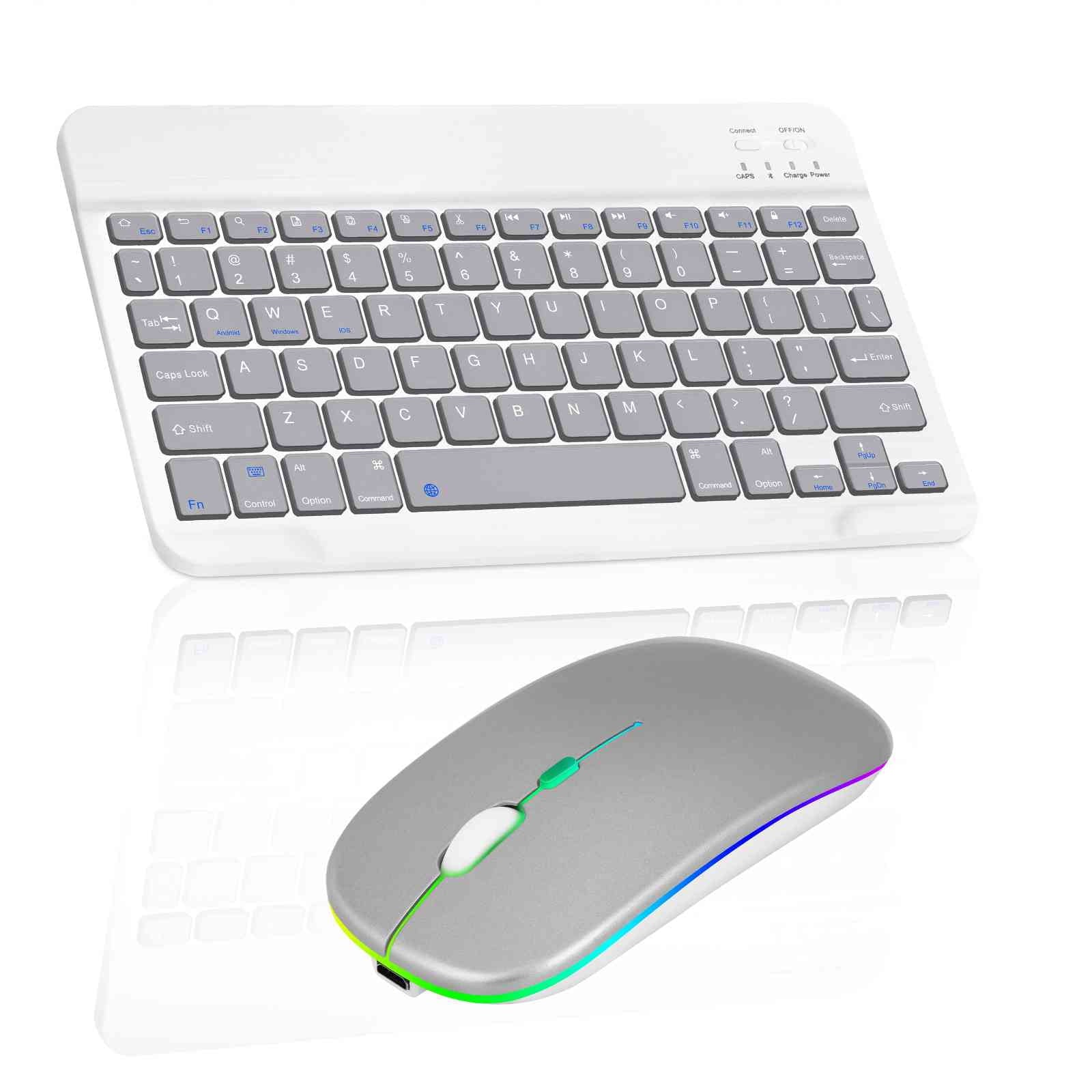 Rechargeable Bluetooth Keyboard and Mouse Combo Ultra Slim for Oppo A36 and All Bluetooth Enabled Android/PC-Stone Grey Keyboard with Silver RGB Led Mouse
