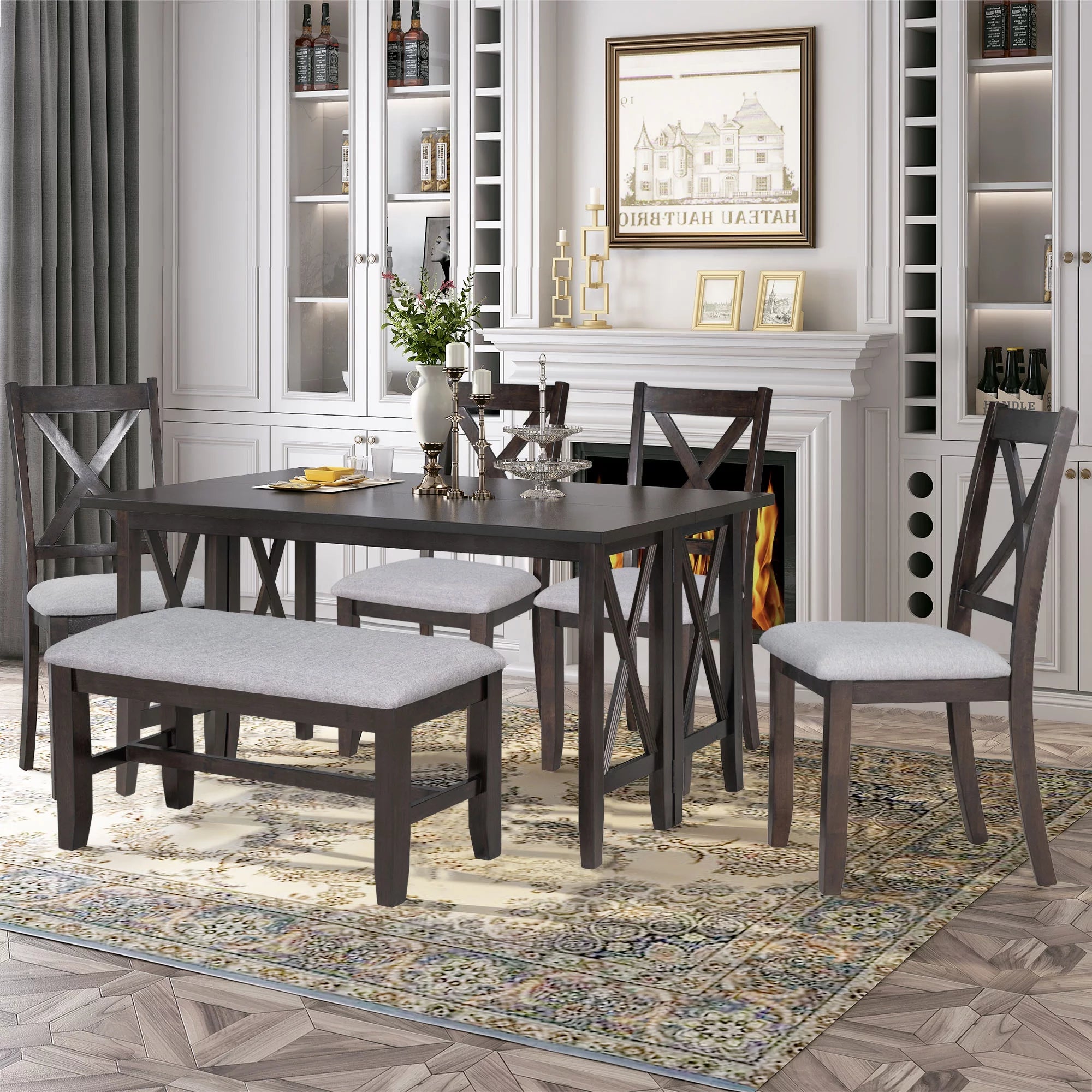 Bellemave Dining Table Set for 6, Wood Folding Dining Dinette Table and 4 Upholstered Chairs with 1 Bench, Modern Dining Set for Home, Kitchen, Dining Room (Espresso)
