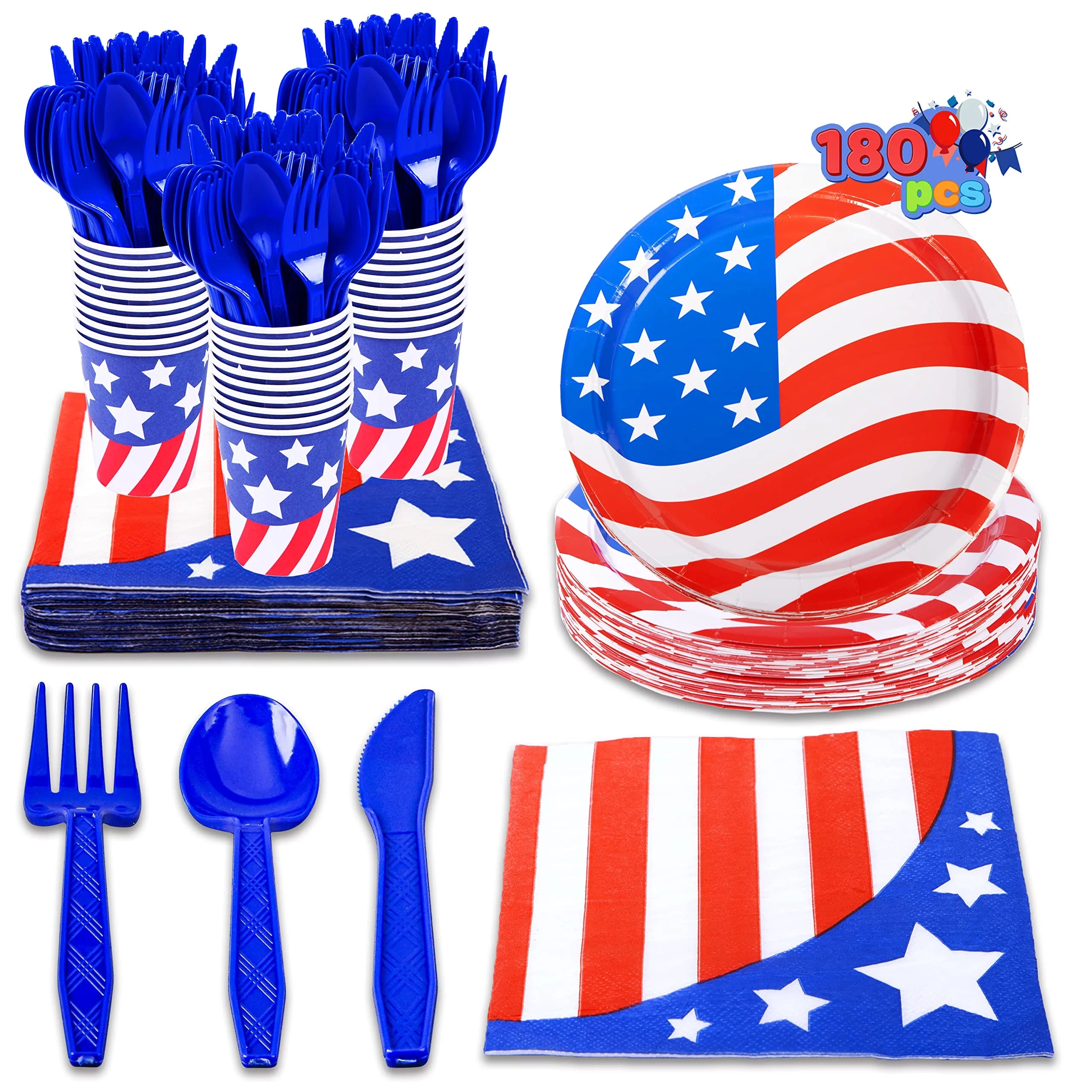 JOYIN 180 Pcs Patriotic Party Supplies Dinnerware Set of 30 Plates,30 Napkins,30 Paper Cups and 90 Plastic Utensils for 4th of July Celebration, Memorial Day, Patriotic Party Decoration (Serves 30)
