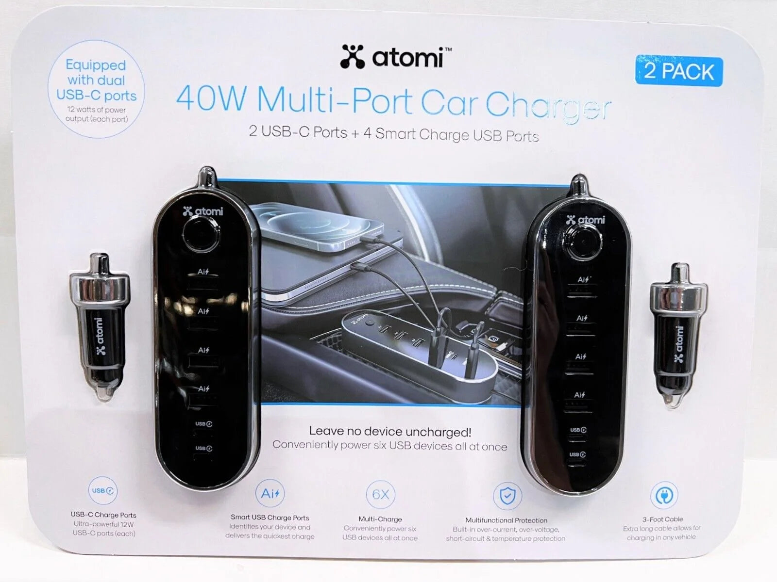 **2 PACK* Atomi 40W Multi-Port Car Charger 2 USB-C Ports + 4 Smart USB Ports NEW