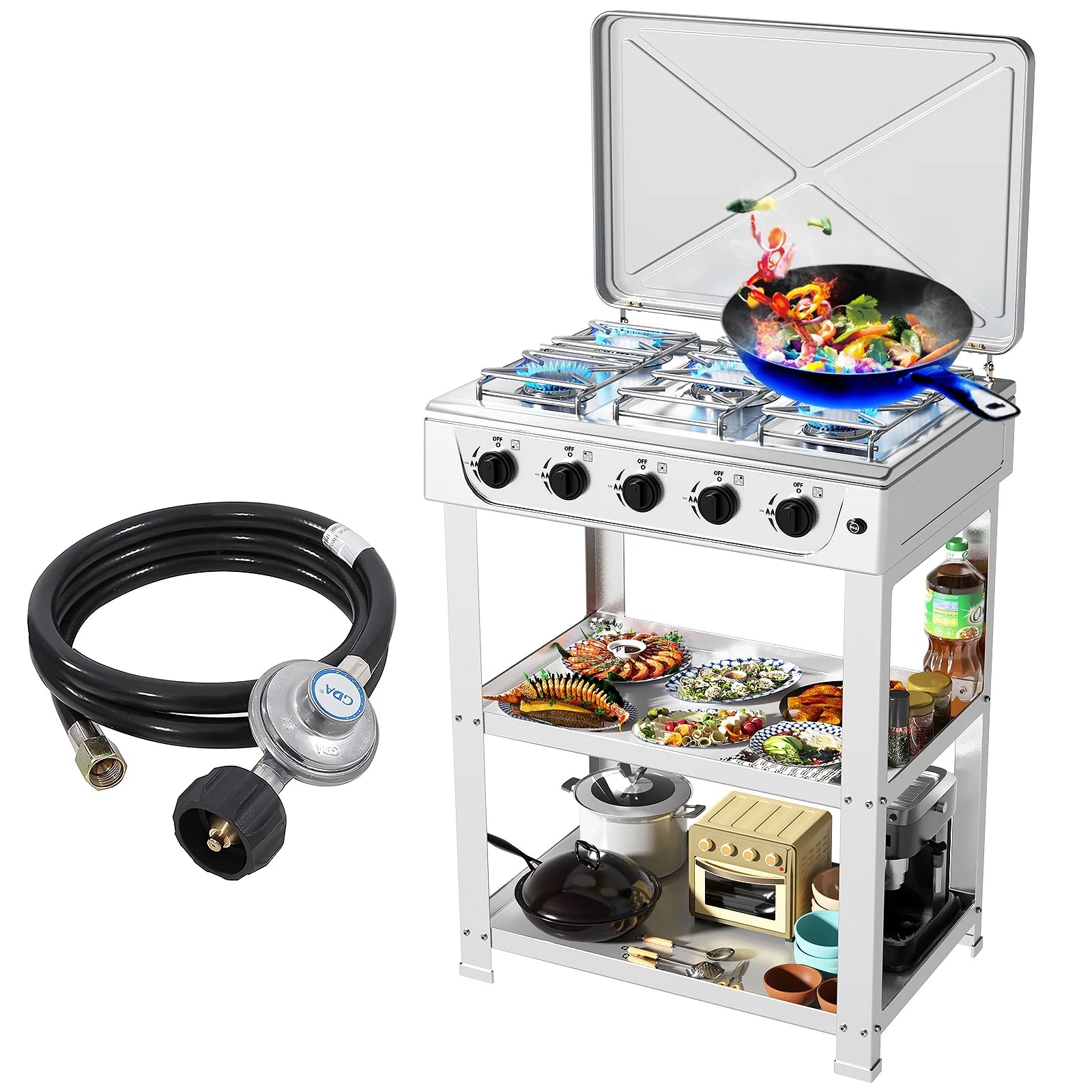 Propane Gas Stove,5 Burner Propane Burner,Auto Ignition Camping Stove with Support Leg Stand and Wind Blocking Cover Adapter, Portable Gas Stove for RV, Apartment, Outdoor Cooking