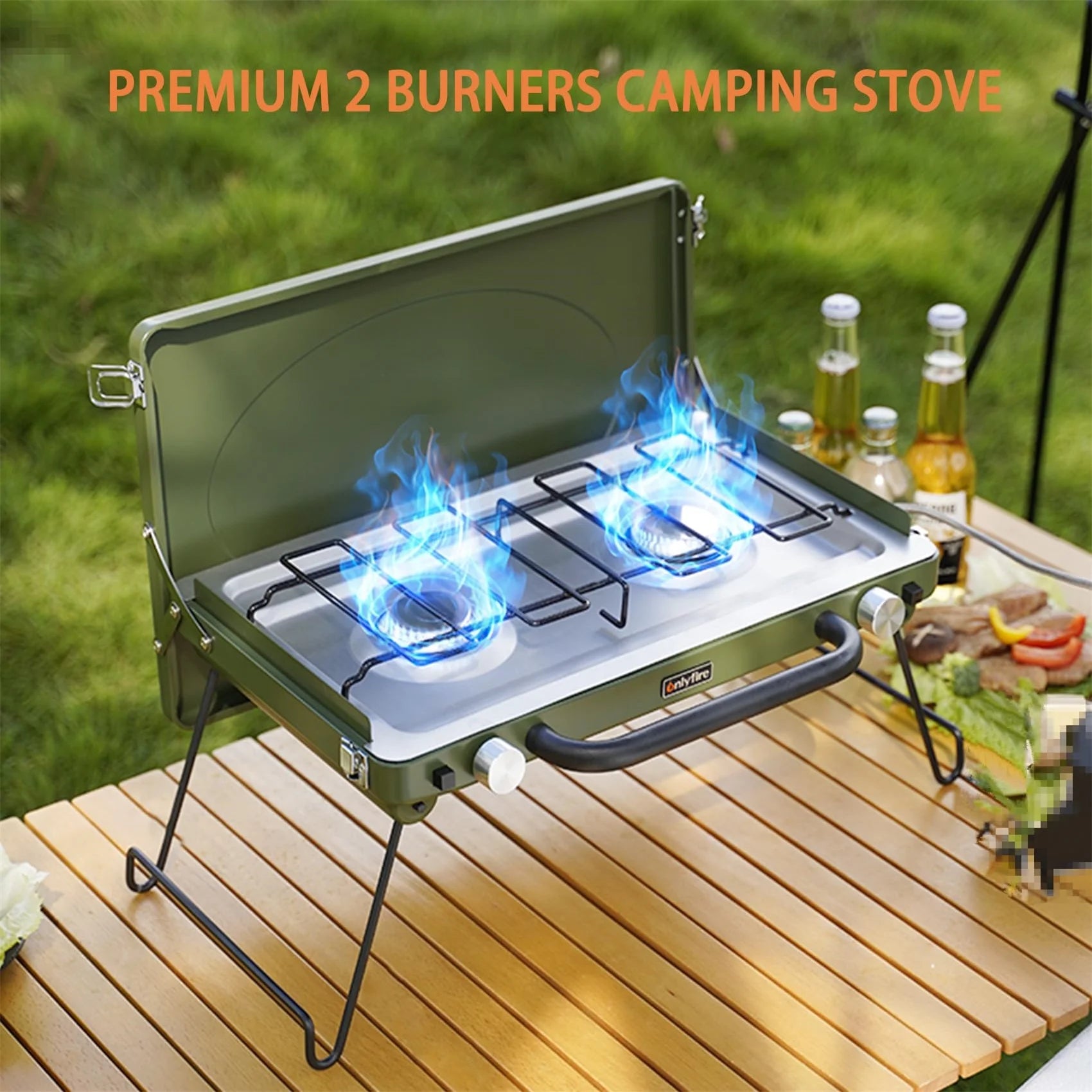 Only Fire 2-Burner Propane Camping Stove with Foldable Legs for Camping, Tailgating, RV, BBQ (Green)
