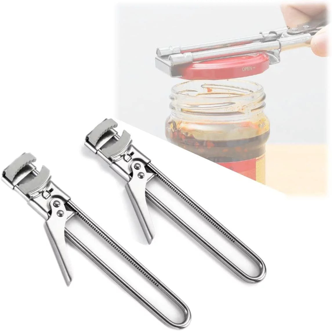 Adjustable Stainless Steel Can Opener,Adjustable Multifunctional Stainless Steel Can Opener,Jar Opener for Weak Hands,Longer Handheld Bottle Opener for Any-Size lids (2, 7.7 in)