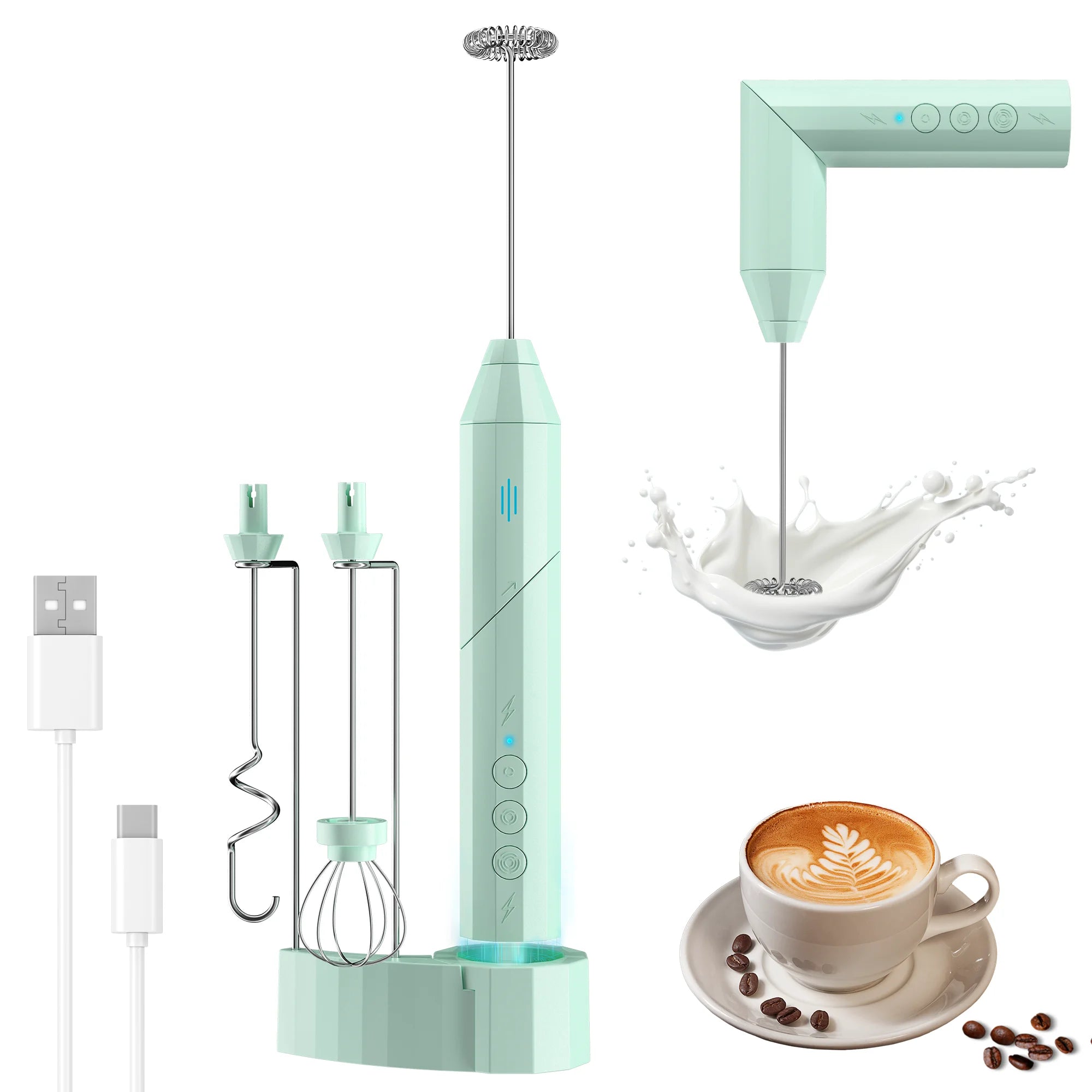 Milk Frother Handheld - Milk Frother Rechargeable with Stand, Handheld Electric Foam Maker with Charging Stand and 3 Stainless Steel Whisks - Perfect for Lattes, Cappuccinos