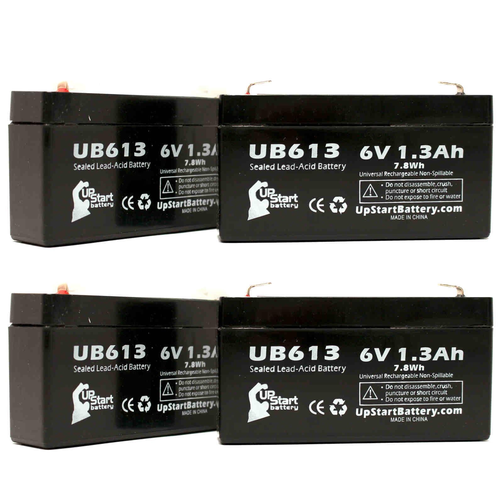 4x Pack - Compatible SSCOR AD900 PULSE OXIMETER Battery - Replacement UB613 Universal Sealed Lead Acid Battery (6V, 1.3Ah, 1300mAh, F1 Terminal, AGM, SLA) - Includes 8 F1 to F2 Terminal Adapters