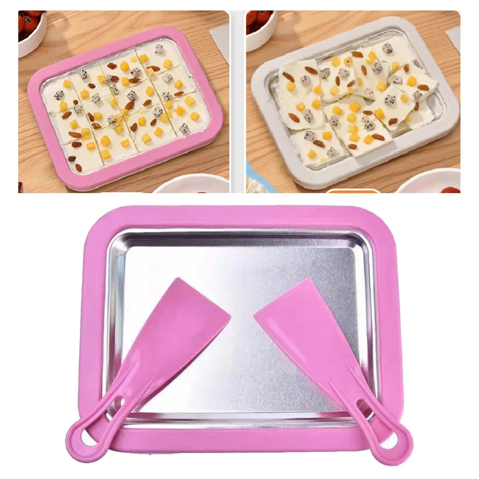 Ice Cream Maker with 2 Spatulas Yogurt Freezer Plate Homemade Family Use Pink