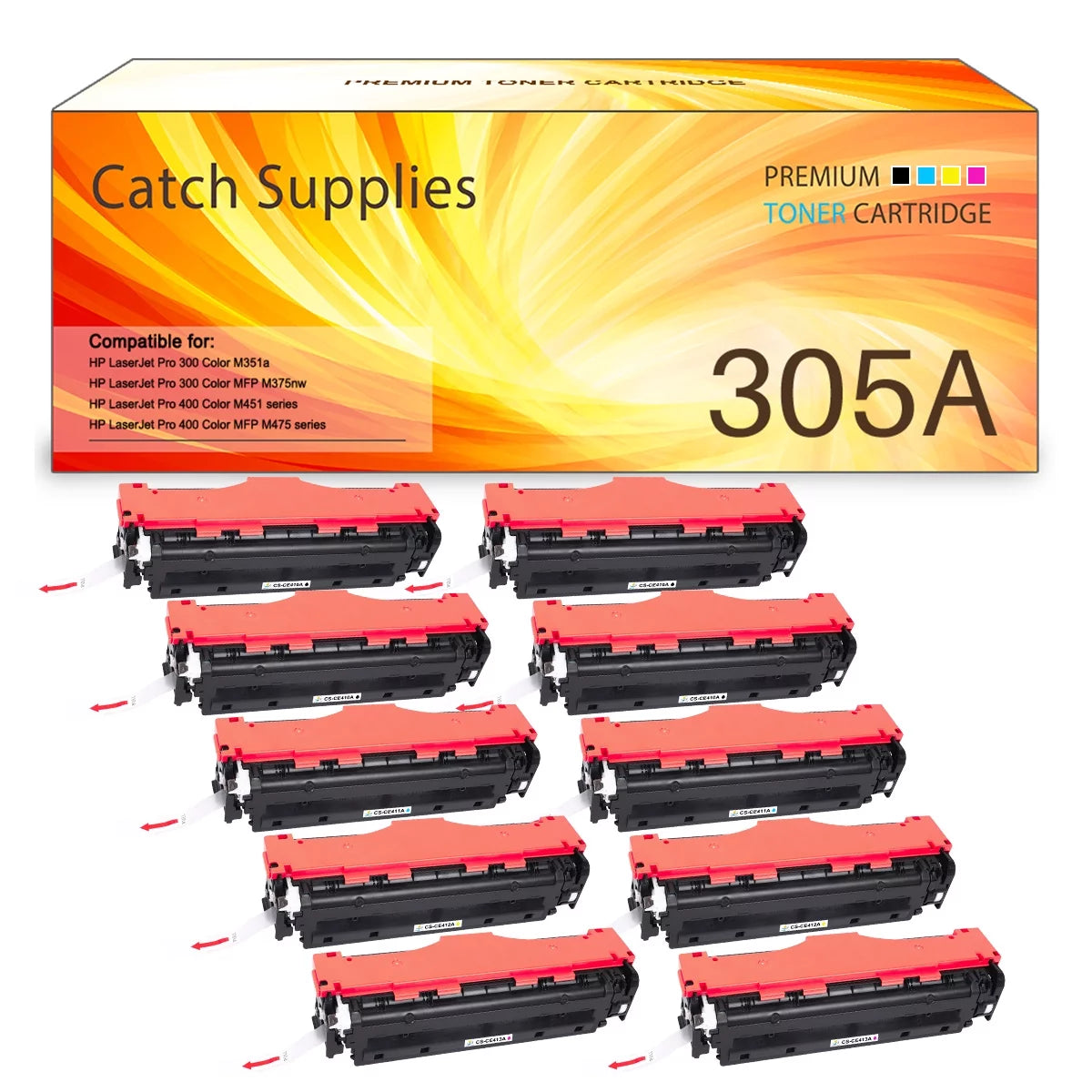 Catch Supplies 10-Pack Compatible Toner for HP CE410A 305A Work with Pro 400 Color M451 MFP M475 CP2025 CM2320 Printer (4*Black,2*Cyan,2*Magenta,2*Yellow)