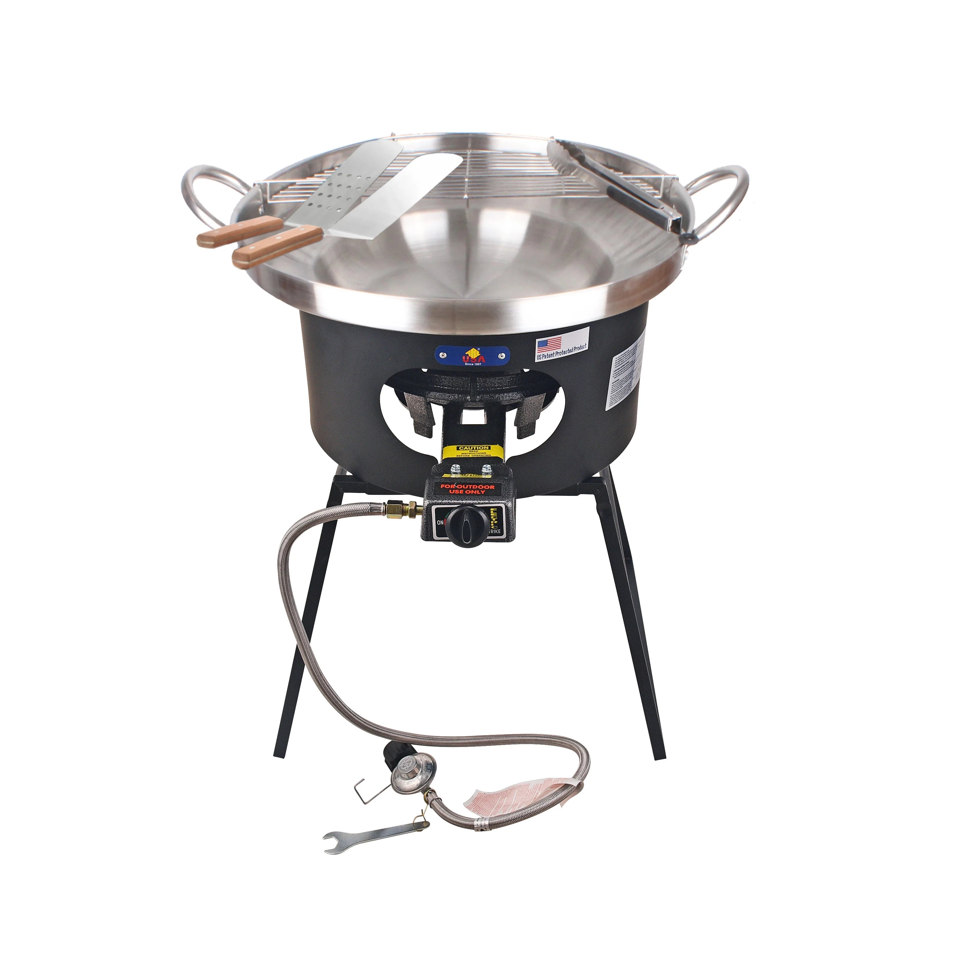 ARC 23 Heavy Duty Stainless Steel Concave Comal Set With Cast Iron Propane Burner 30,000BTU Stove and Burner Stand,Discada Disc Cooker 3 in 1. Great For Backyard Parties & Outdoor Cooking.