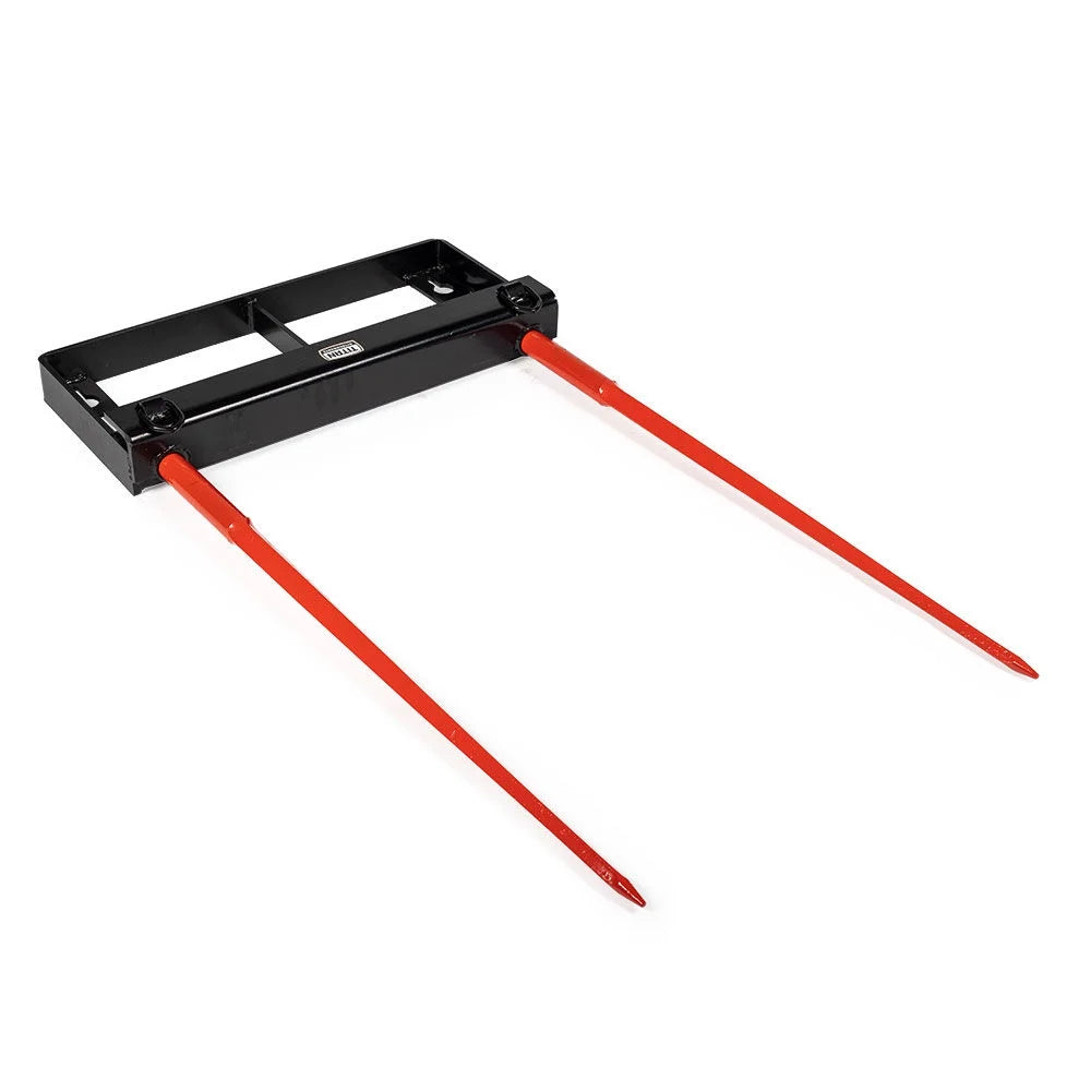Titan Attachments Dual Prong 43 Hay Bale Spear Attachment, Universal HD Front Skid Steer Tractor Loader Bucket Attachment, 3000 LB Capacity, Conus 2 Tines, Chains and Ratchet Binders Included