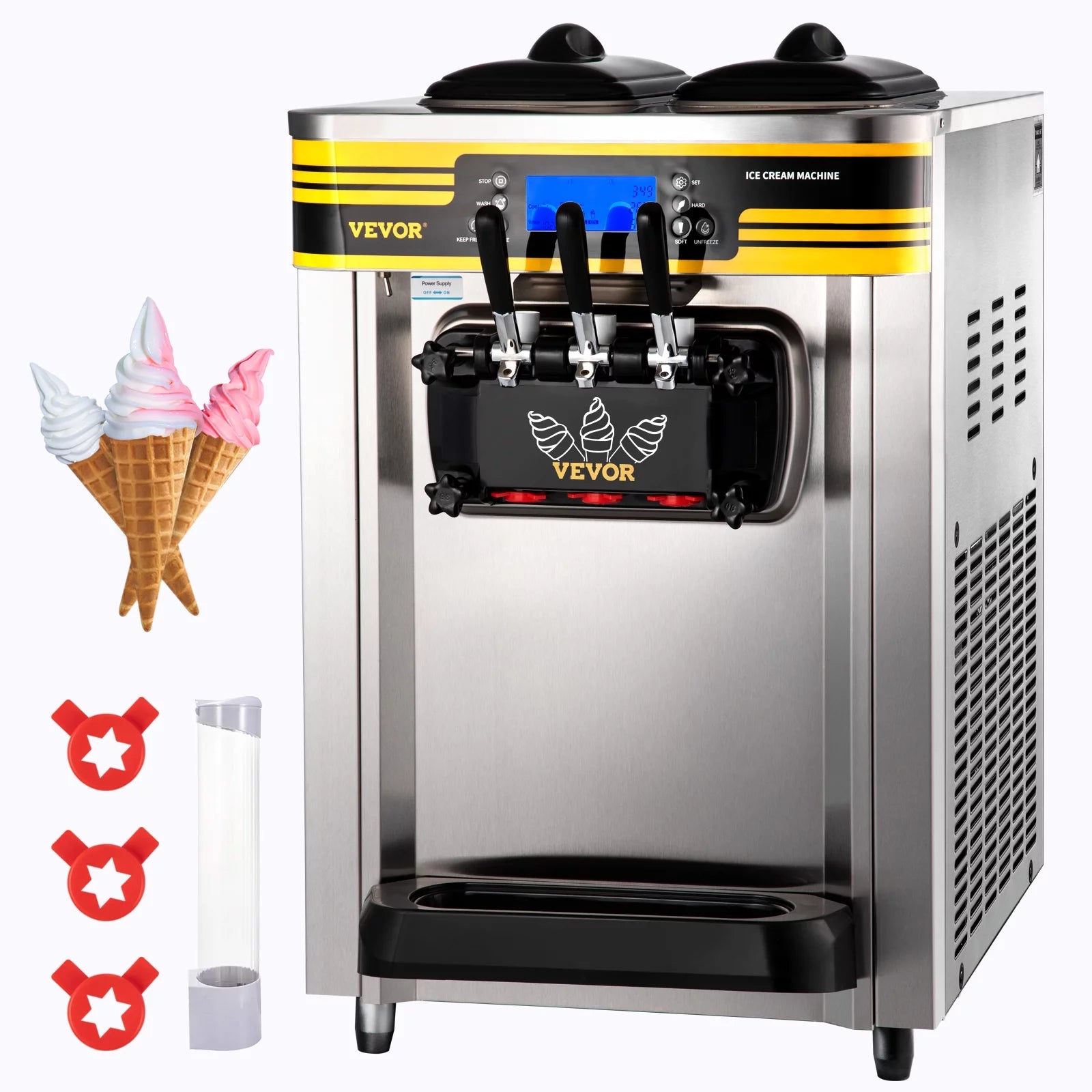 BENTISM Commercial Ice Cream Maker, 22-30L/H Yield, 2350W Countertop Soft Serve Machine w/ 2x6L Hopper 2L