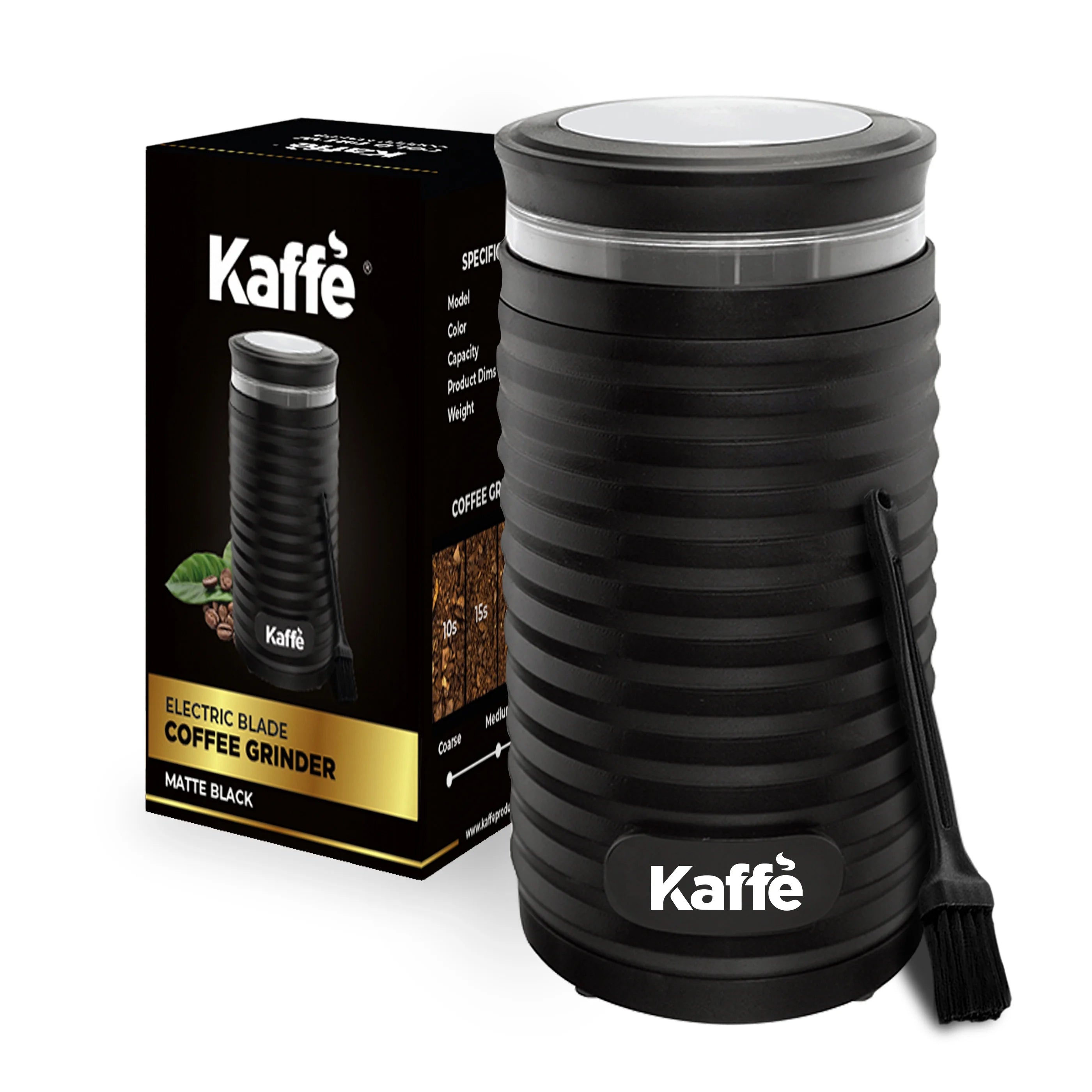 Kaffe Coffee Grinder w/ Cleaning Brush - Easy On/Off - 3.5oz / 14 Cup - Black