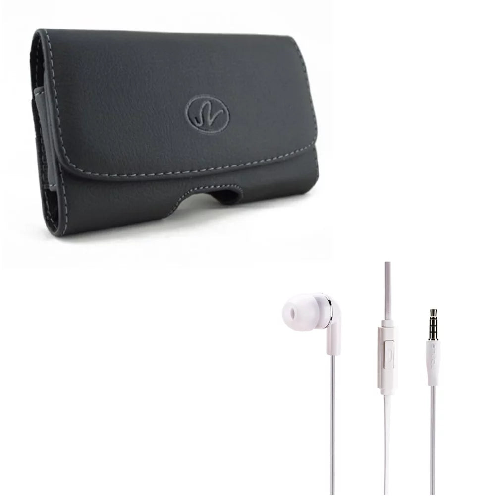 Black Leather Phone Case w Flat Wired Headset MONO Hands-free Earphone w Mic Z3A for Xiaomi Redmi Note 6 Pro 5 - ZTE Quartz, Nubia Z7 Max, Grand X4 X3, ZMax Champ, Warp Elite, Blade X Spark