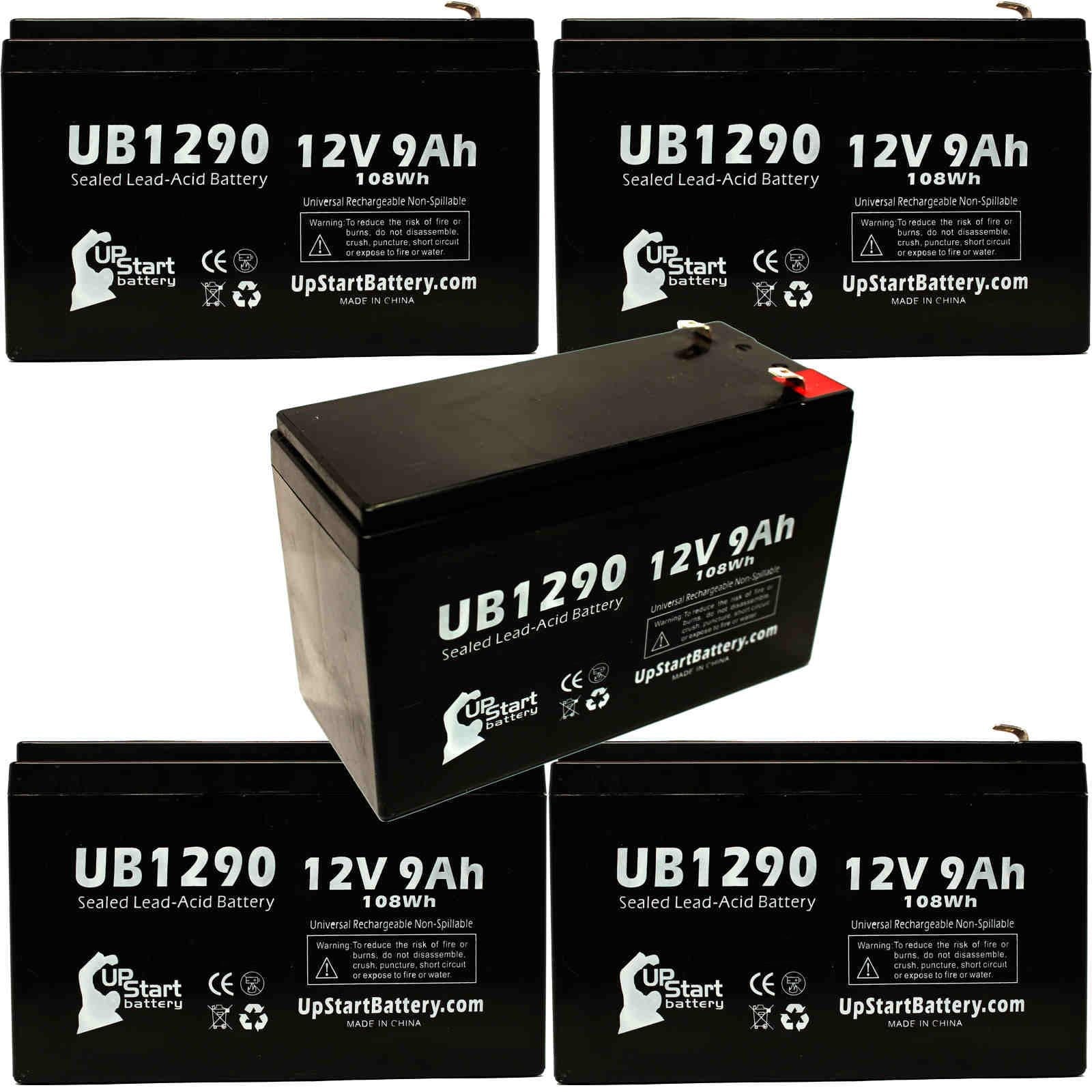 5x Pack - Compatible ADI 5140XM Battery - Replacement UB1290 Universal Sealed Lead Acid Battery (12V, 9Ah, 9000mAh, F1 Terminal, AGM, SLA) - Includes 10 F1 to F2 Terminal Adapters