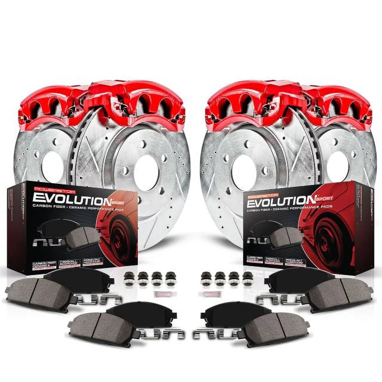 Power Stop Front and Rear Z23 Evolution Brake Pad and Rotor Kit with Red Powder Coated Calipers KC2164A Fits 2017 Ram 1500
