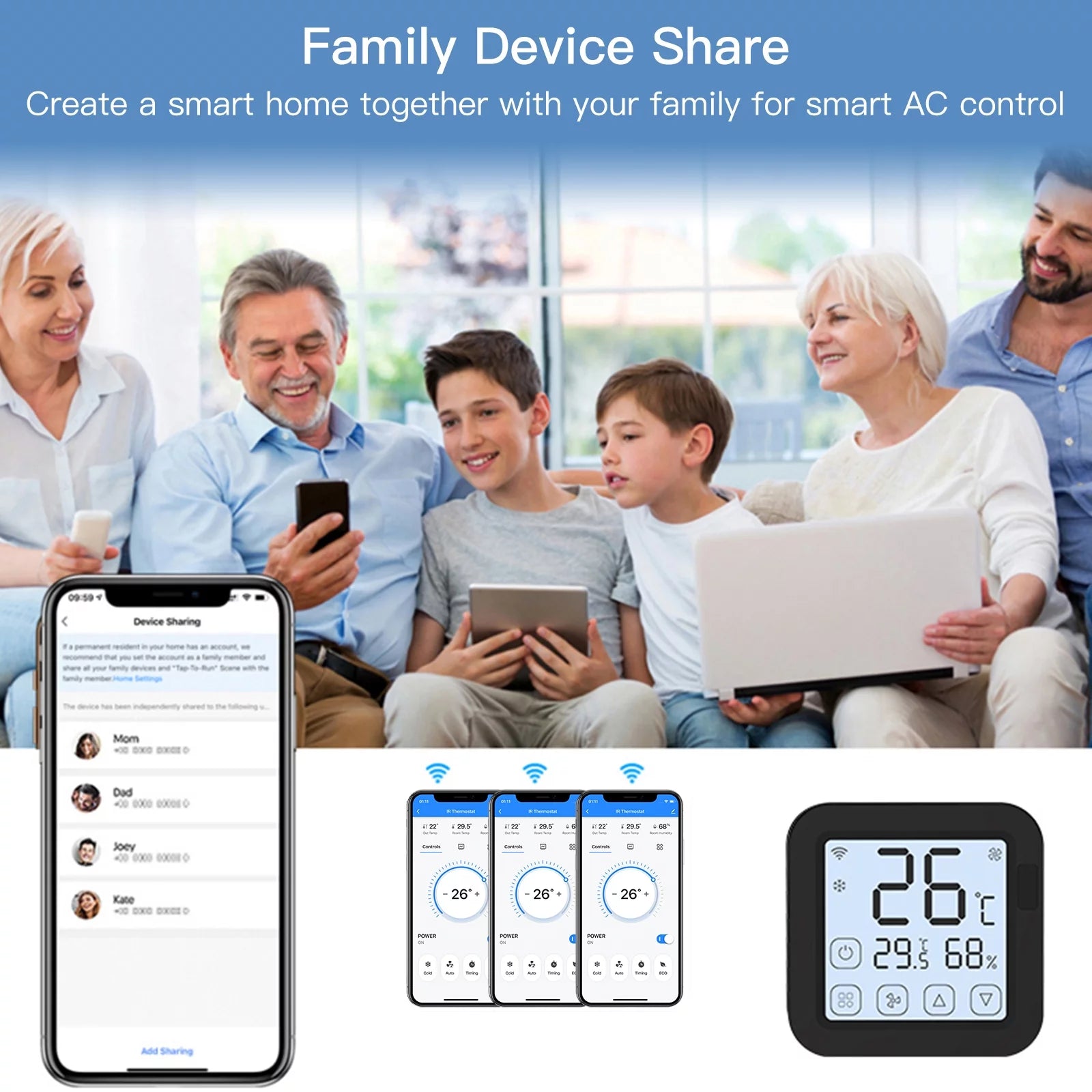Smart Wifi IR Air Conditioner Controller with LCD Display App Control Humidity Sensor Monitor Compatible with Home for Split Portable AC