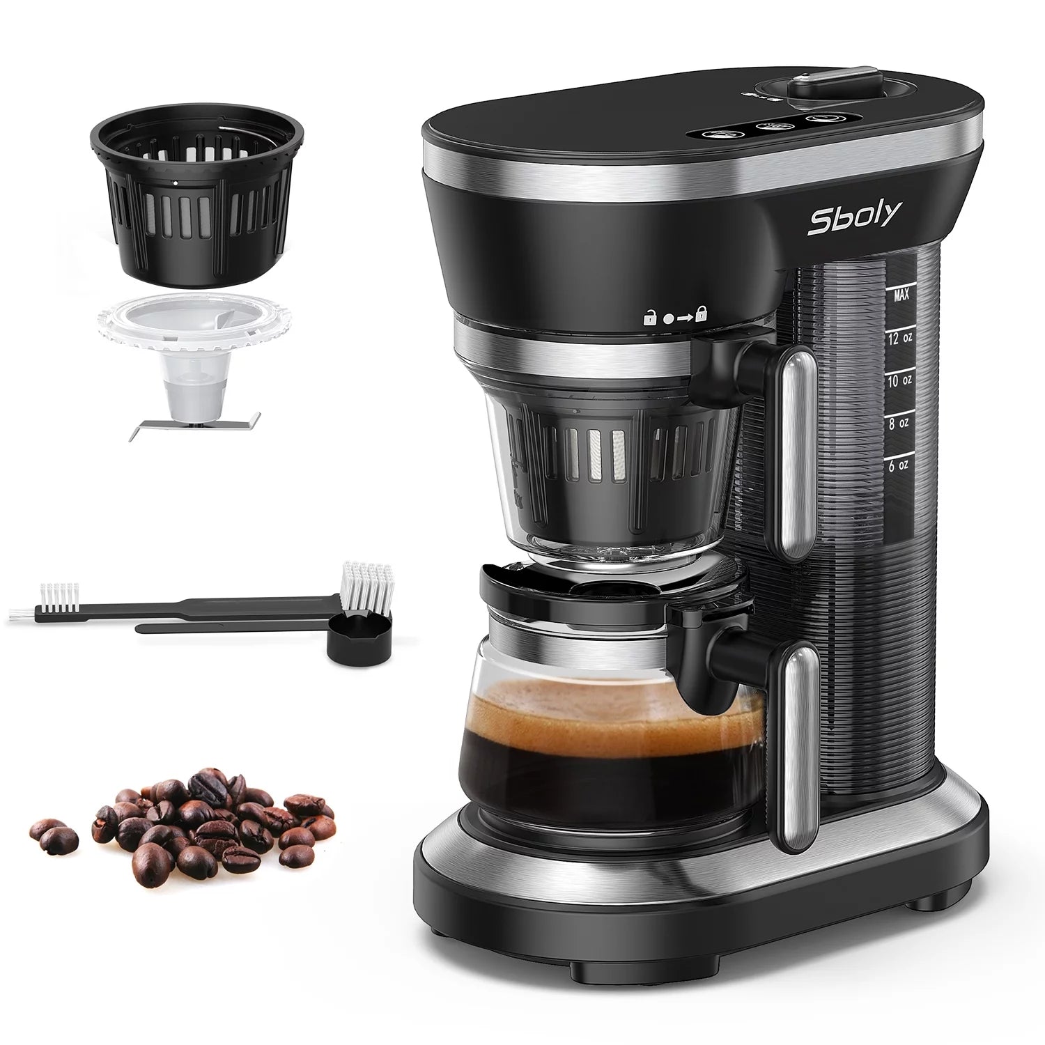 Automatic Grind and Brew Coffee Machine with 12oz Glass Coffee Pot and Coffee Grinder, Black