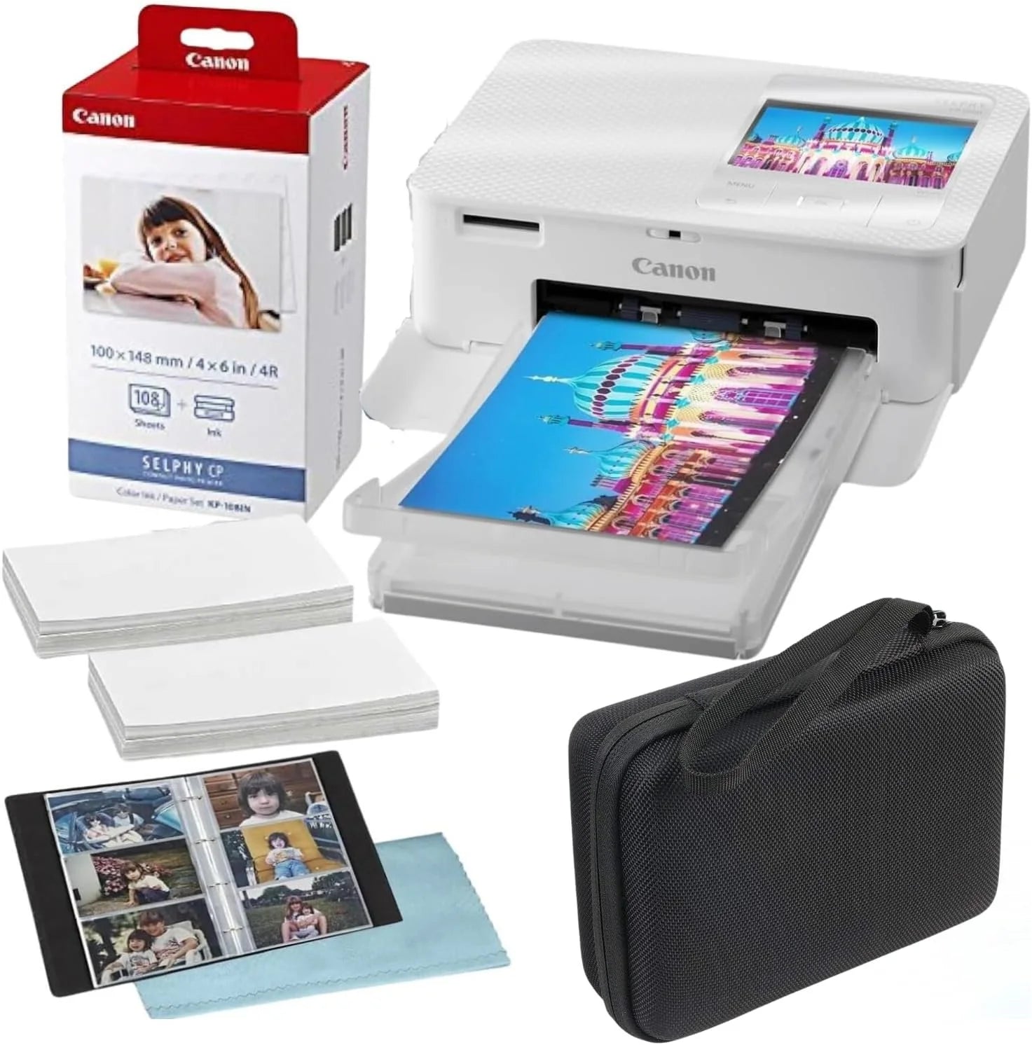 BluebirdSales Canon Selphy CP1500 Wireless Compact Photo Printer with 1-Pack KP-108IN Color Ink Paper Set + Deluxe Photo Album + Hard Carrying Case + Cleaning Cloth White