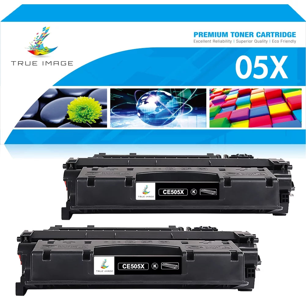 True Image 2-Pack Compatible Toner Cartridge for HP CE505X 05X Work with HP Laserjet 2053 2054 2055 2056 2057 P2050 P2055 P2055d P2055dn P2055x Printer Ink (Black)
