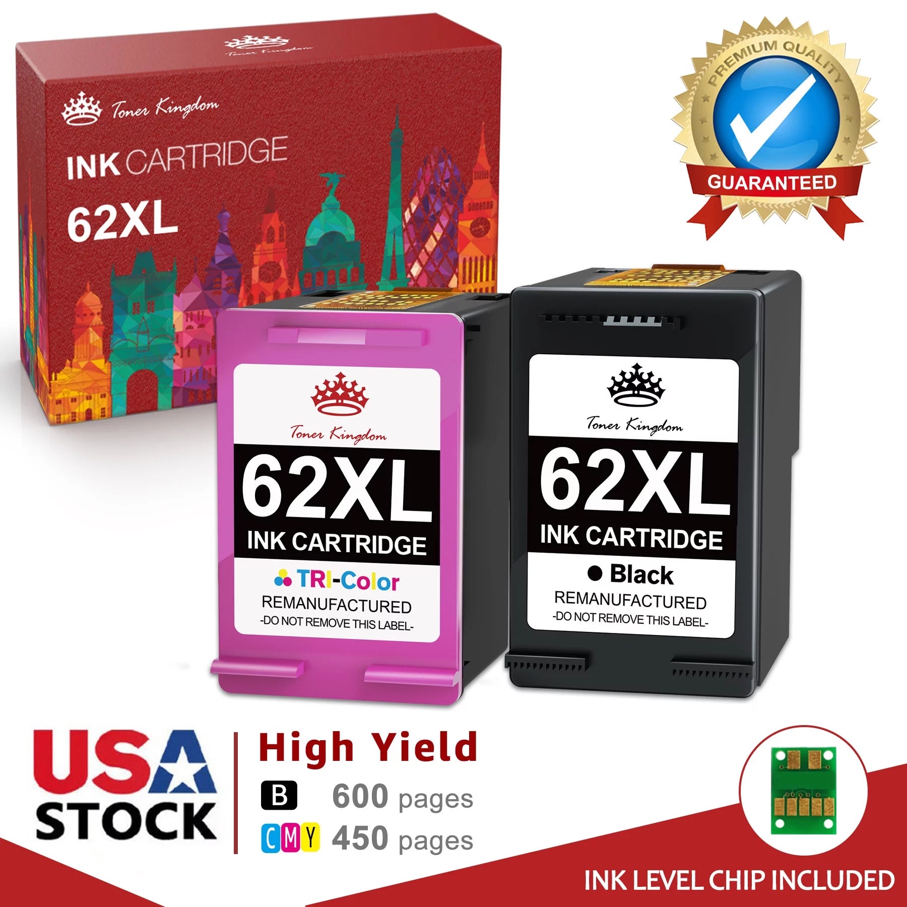 High Yield 62XL Ink Cartridges Replacement for HP 62 Ink for Printer Envy 5660 7640 7645 7644 OfficeJet 5740 8040 5741 5745 OfficeJet Mobile 200 250 (Black and Color 2-Pack)