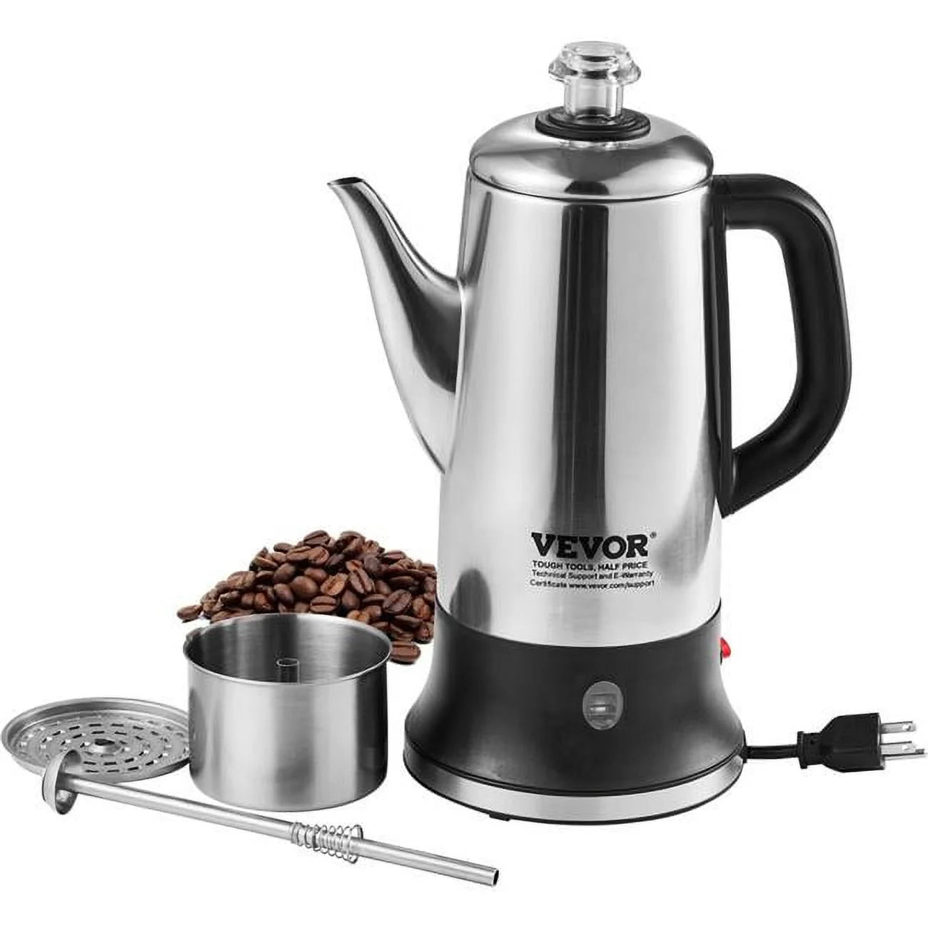 Vevor DDGLKFHBXG18KX4BAV1 12-Cup Electric 304 Stainless Steel Coffee Percolator, Silver