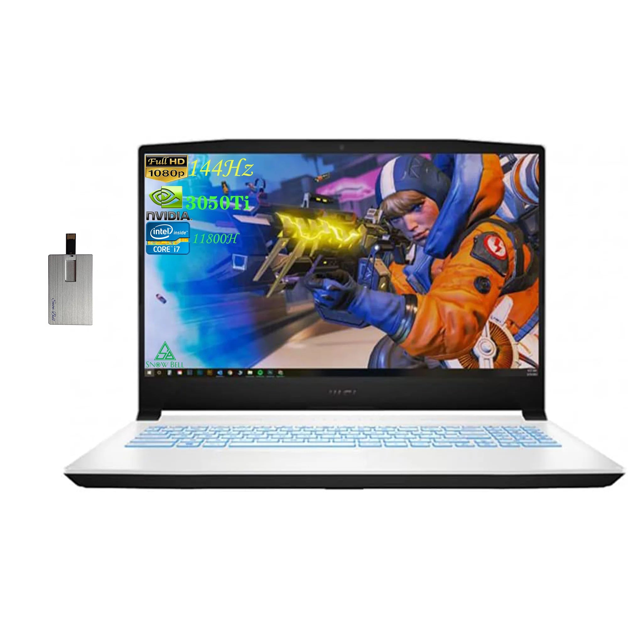 MSI Sword Gaming 15.6 FHD 144Hz Laptop, 11th Gen Intel Core i7-11800H, 16GB RAM, 512GB PCIe SSD, Backlit Keyboard, GeForce RTX 3050 Ti, Windows 10, White, 32GB Hotface USB Card
