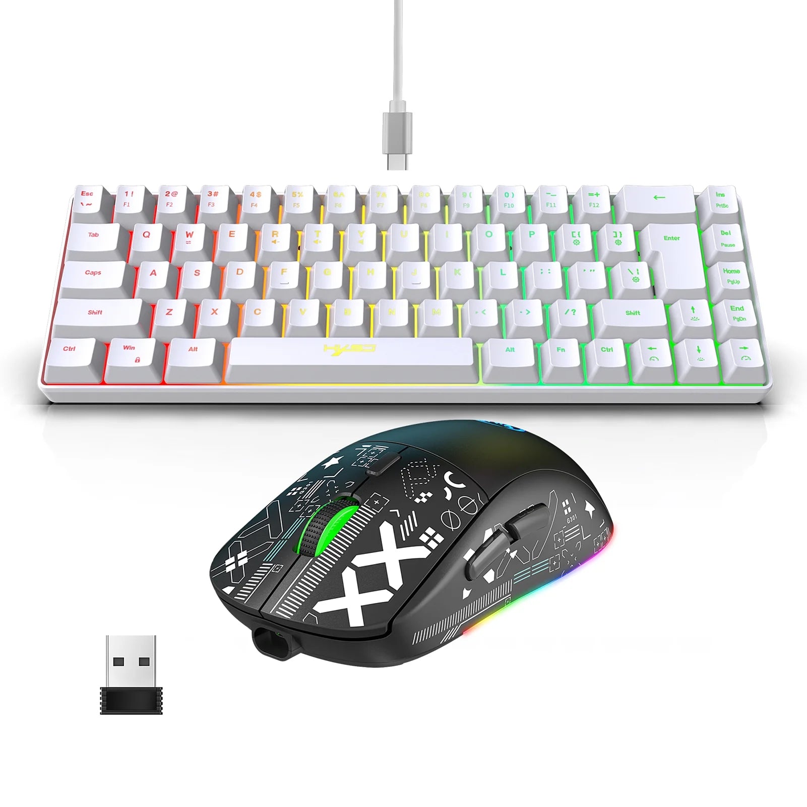HXSJ K68 Gaming Keyboard, Wired Membrane Keyboard, 2.4G Wireless Mechanical RGB Mouse, 3600DPI, 11 RGB Lighting Modes, Game/Office