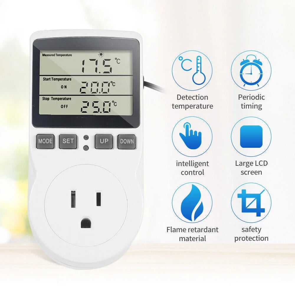 Smart Digital Thermostat Outlet Controller Heating Cooling Temperature Probe