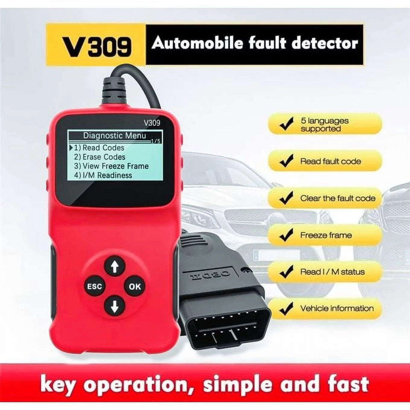 V309 Universal Car OBD2 OBDII Scanner Fault Code Reader Diagnostic Tool Car Code Scan for All 1996 and Newer OBDII Compliant Vehicles