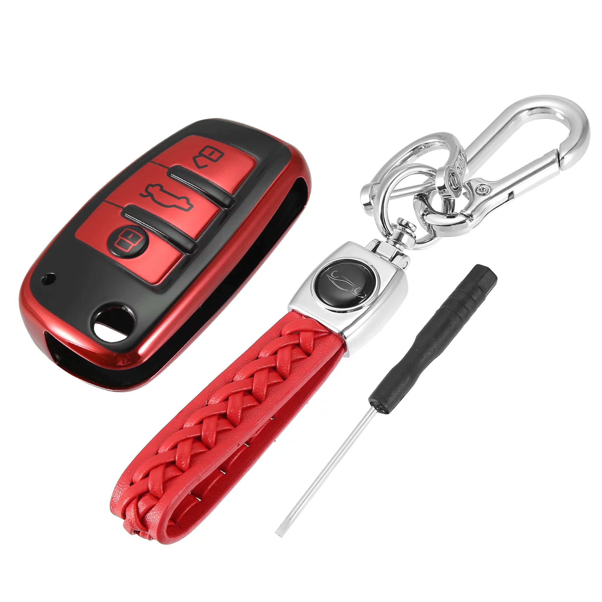 Vehicle Key Fob Cover 3 Button Remote Key Fob Case with Keychain Red for Audi A1 A3 Q3 Q7 R8 A6L RS6 TT