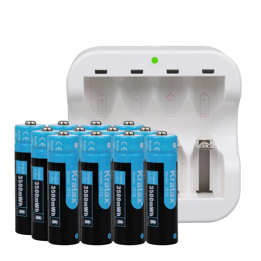 Kratax Lithium Batteries AA, 1.5v 3500mWh Rechargeable Lithium-Ion AA Batteries with Charger 12-Pack