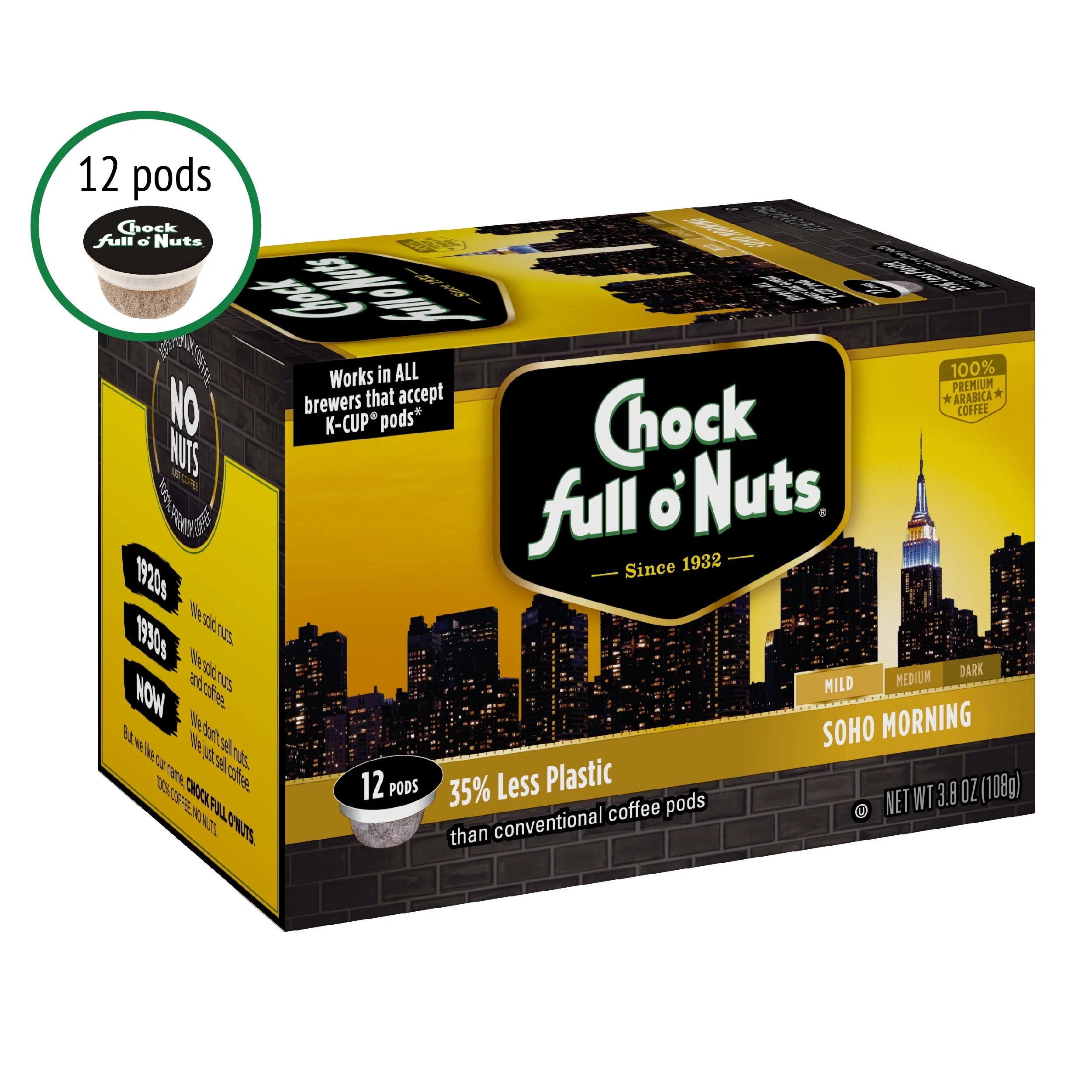 Chock Full o¡¯Nuts Single-Serve Coffee Pods, Soho Morning, Mild Roast, 12 Ct