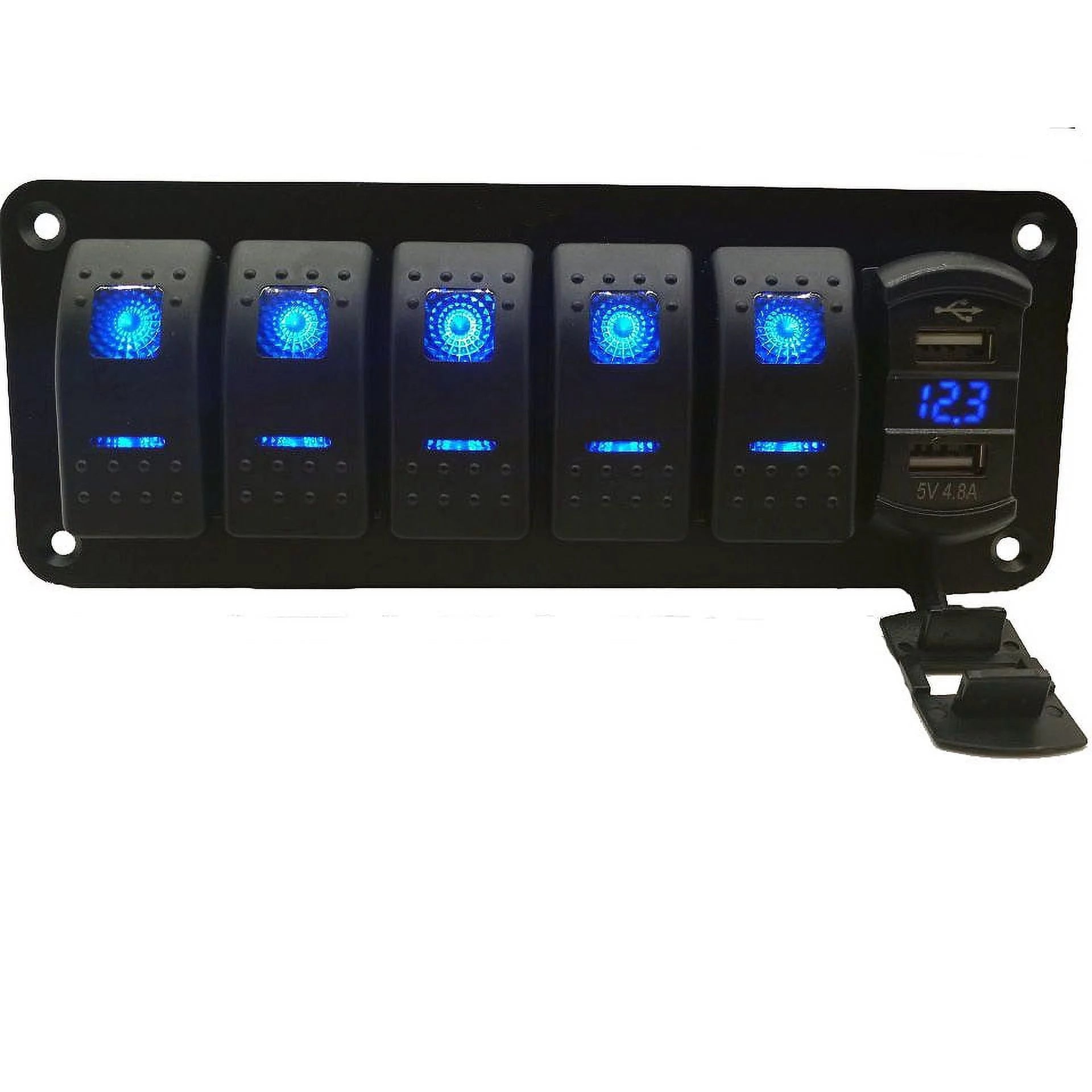 FIEWESEY 6 Gang Toggle Rocker Switch Panel Dual USB for Car Boat Marine RV Truck Blue LED