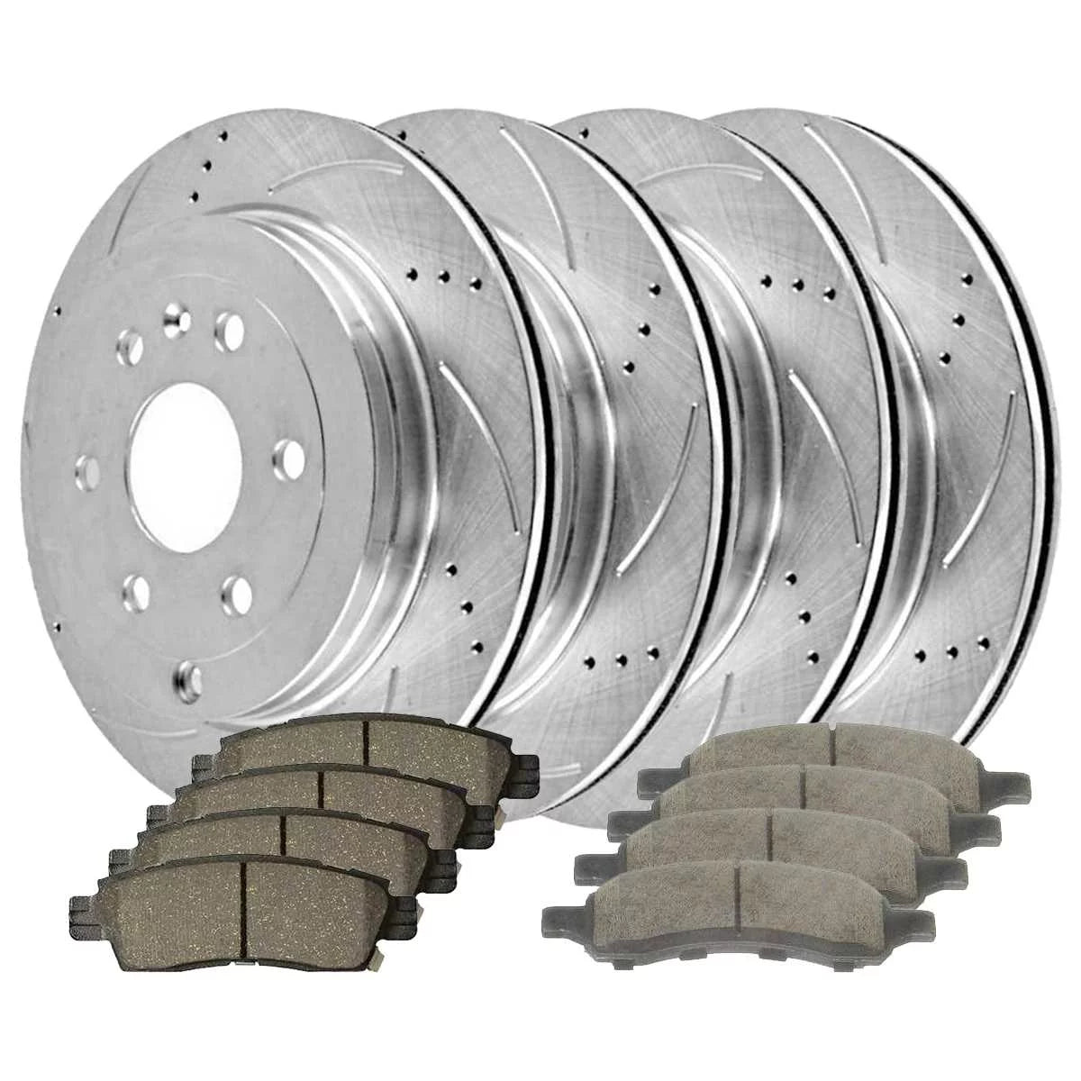 AutoShack Front and Rear Drilled Slotted Brake Rotors Silver and Ceramic Pads Kit Replacement for Buick Enclave Saturn Outlook 2009-2017 Chevrolet Traverse 2007-2016 GMC Acadia 2017 Acadia Limited FWD