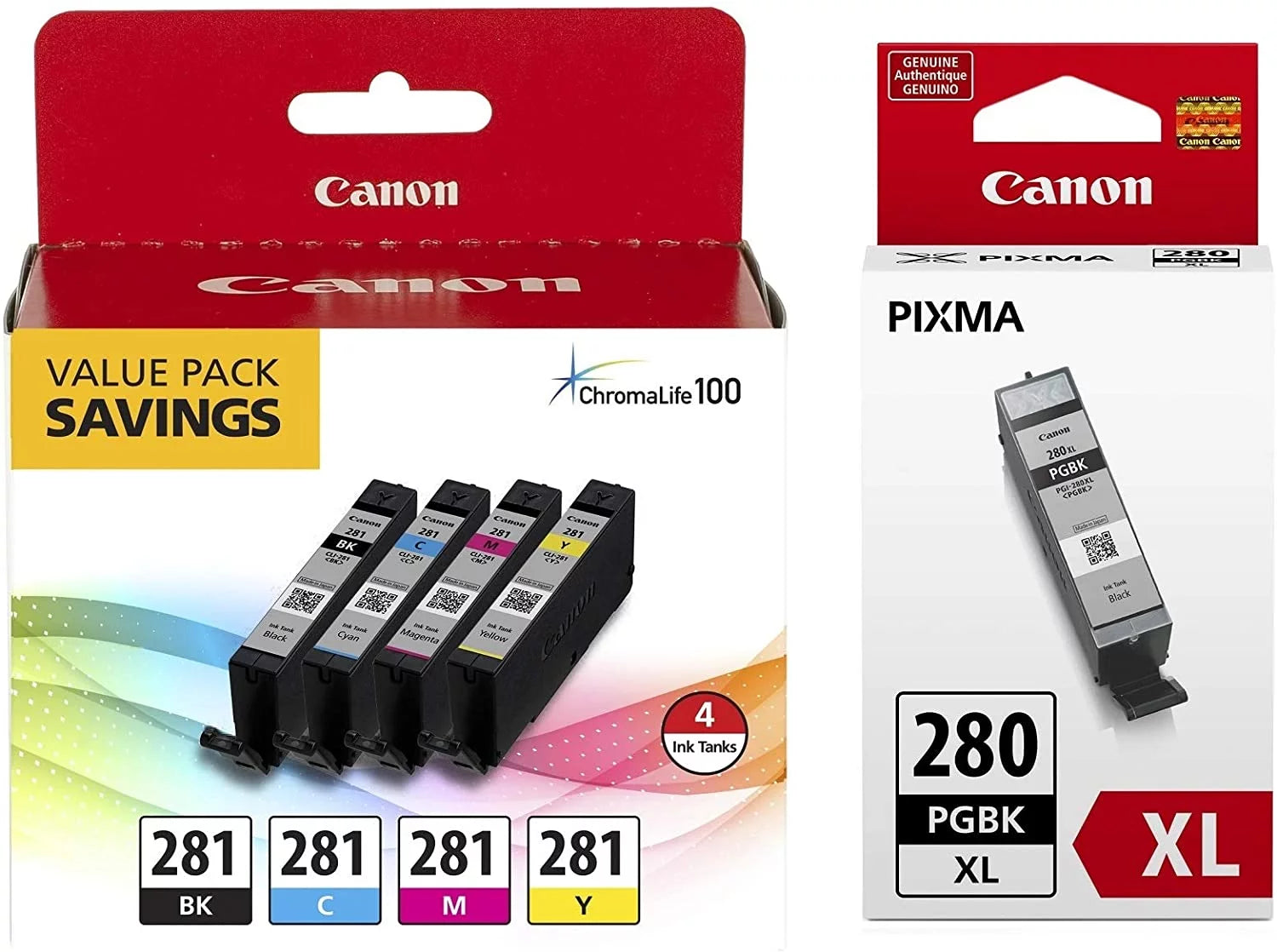 Canon 2021C007 (CLI-281; PGI-280 XL) ChromaLife100+ Ink, Black XL/Black/Cyan/Magenta/Yellow, 5/Pack