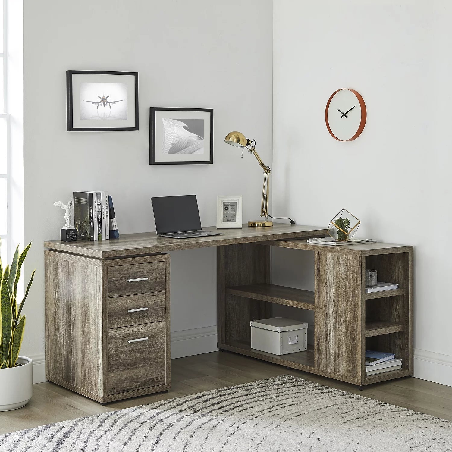 Naomi Home Ariel Executive L-Shaped Desk with Drawers - Large Modern Corner Computer Desk with Storage Drawers, Shelves, File Cabinet for Home Office - L Shape Desk Ideal for Work from Home ¨C Natural