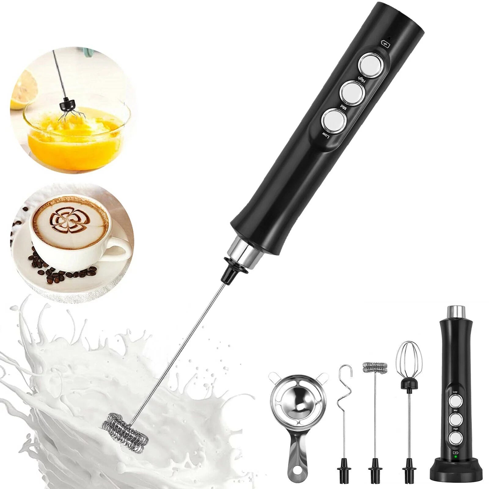 Milk Frother Handheld Electric Whisk - Portable Rechargeable 3 Speed Coffee Frother with 4 Stainless Whisk and 1 Cleaning Brush Drink Mixer Milk Foam Maker for Cappuccino Latte Hot Chocolate Matcha