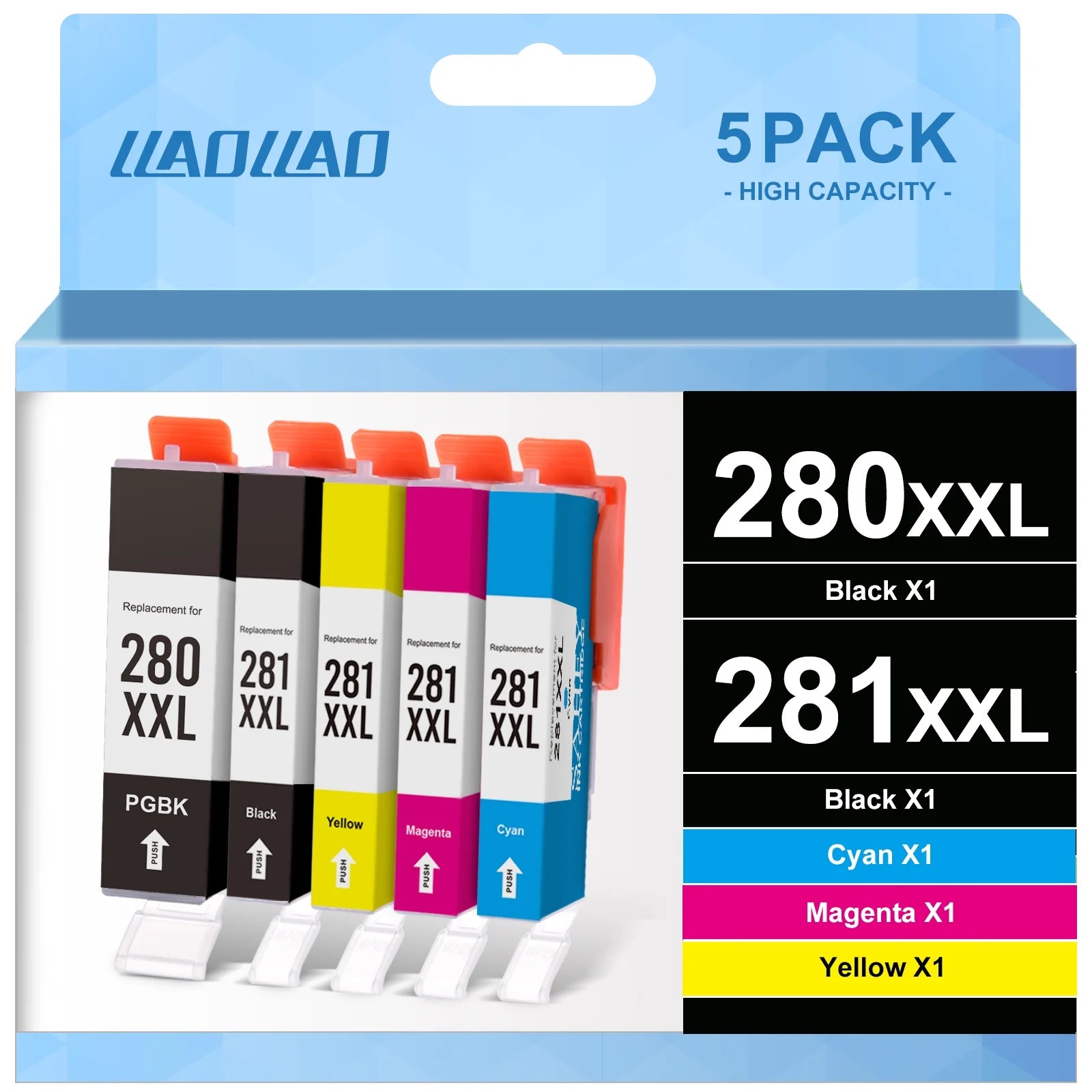 280XXL 281XXL Ink Cartridge for Canon Ink 280 and 281 Cartridges PGI-280XXL CLI-281XXL for Canon TR8520 Ink Cartridges for Pixma TR8620 TR8620a TS6320 TR7520 TS6120 TS6220 TS8220 TS9520 (5 Packs)