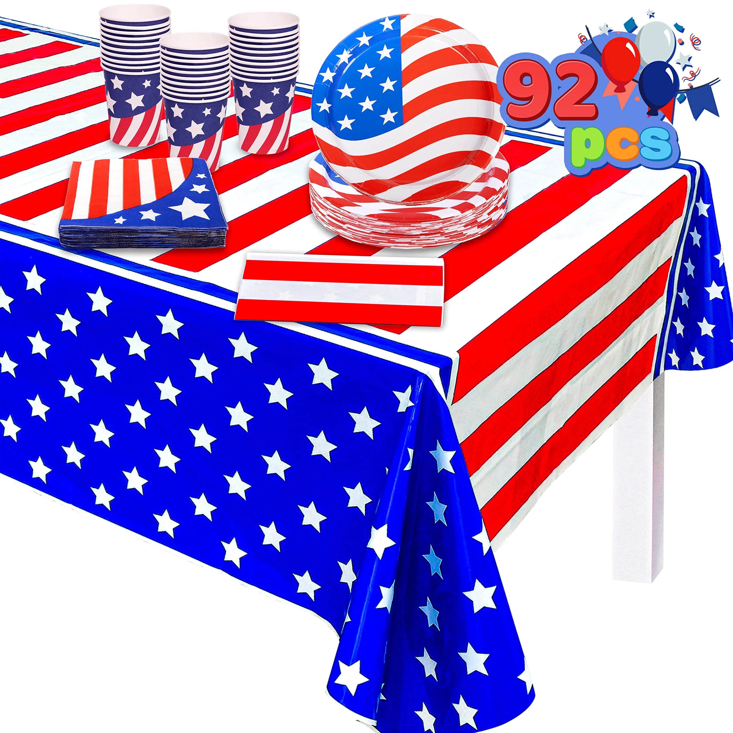 JOYIN 92 Pcs Patriotic Party Supplies Set of 2 American Flag Table Covers 30 Paper Cups 30 Paper Plates 30 Napkins for 4th of July, Independence Day, Memorial Day Decorations, Veterans Day (Serves 30)