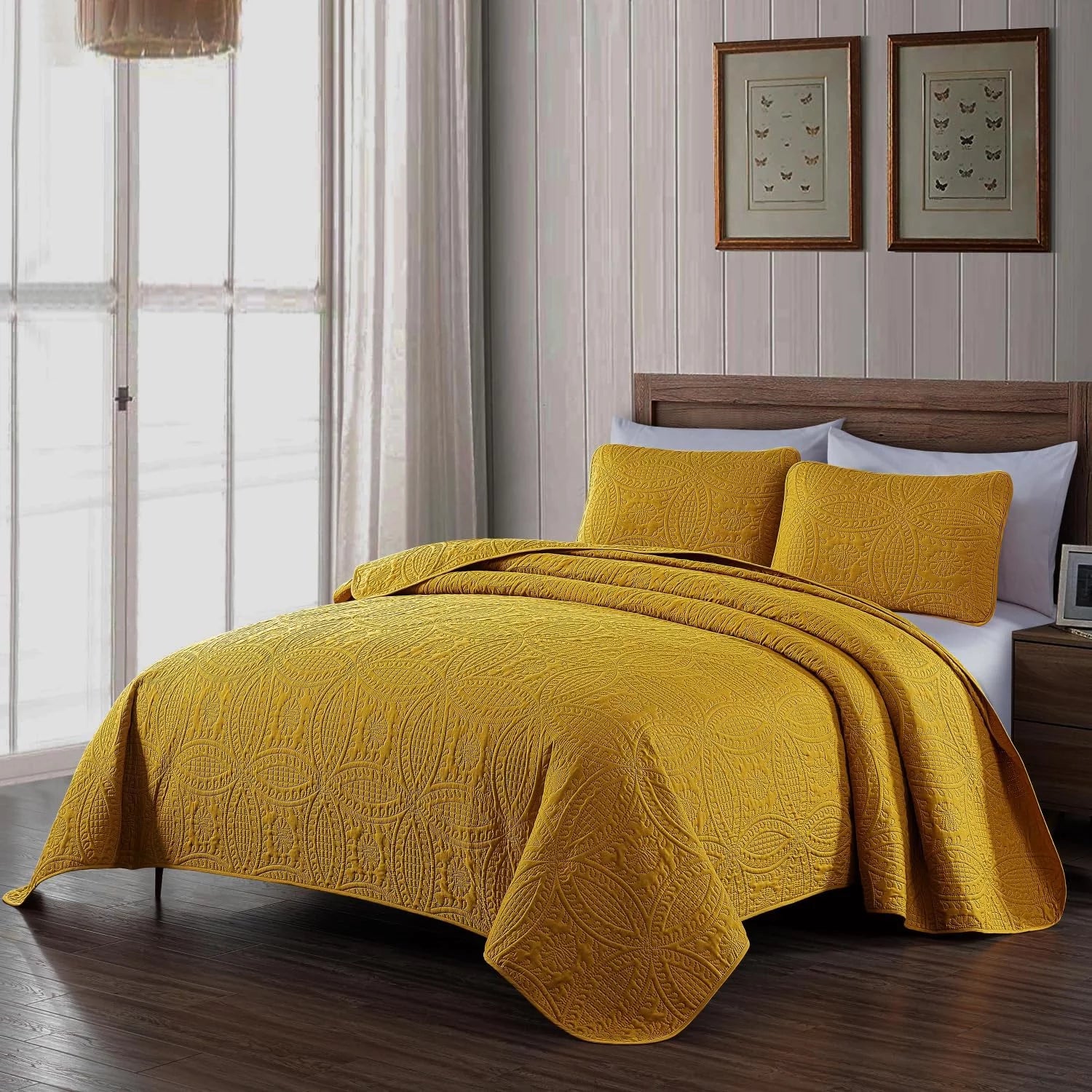 Chezmoi Collection Austin 3-Piece Oversized Bedspread Coverlet Set, Mustard Yellow, King