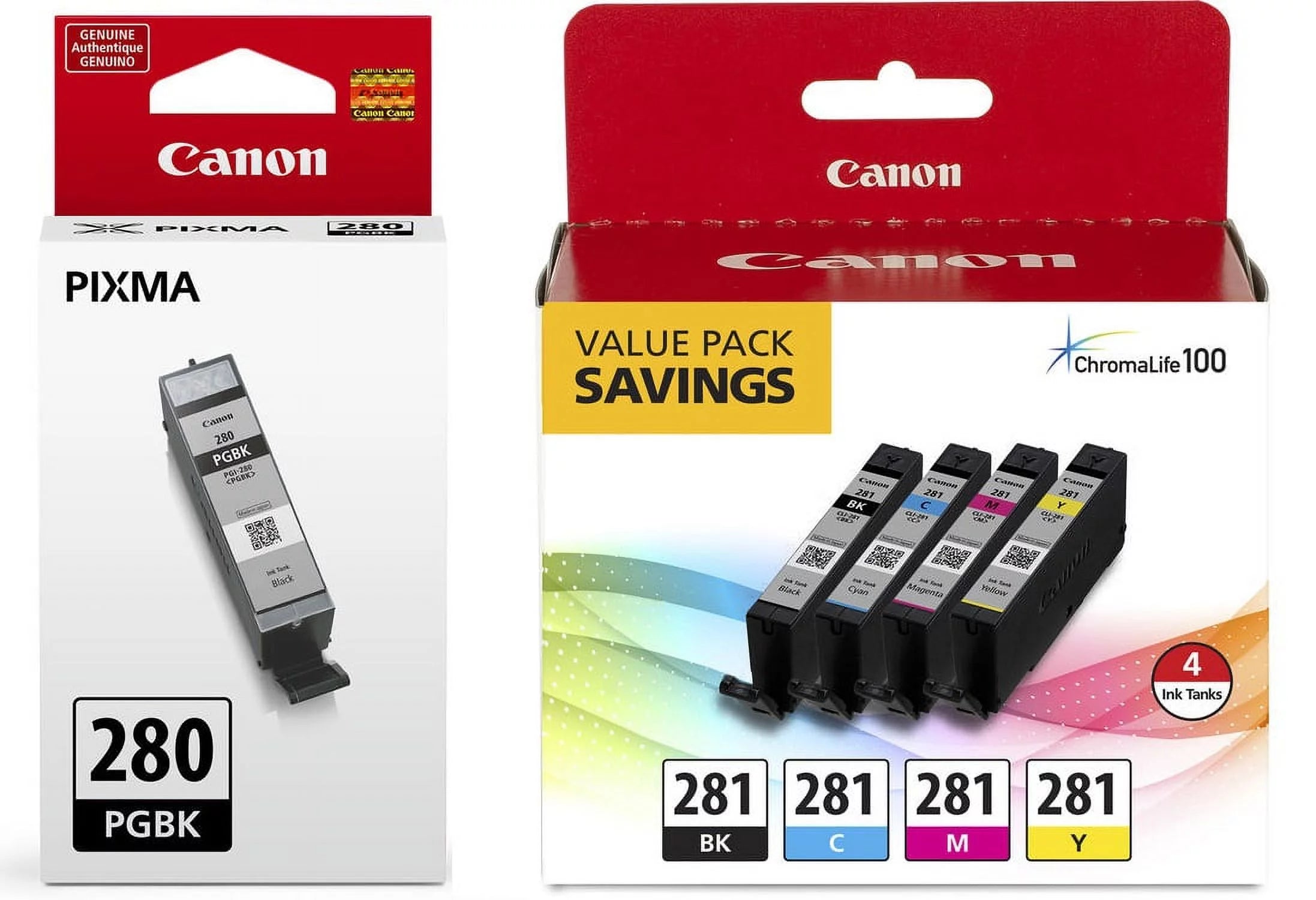 Genuine Canon CLI-281 BKCMY 4-Color Ink Tank Value Pack + Canon PGI-280 Pigment Black