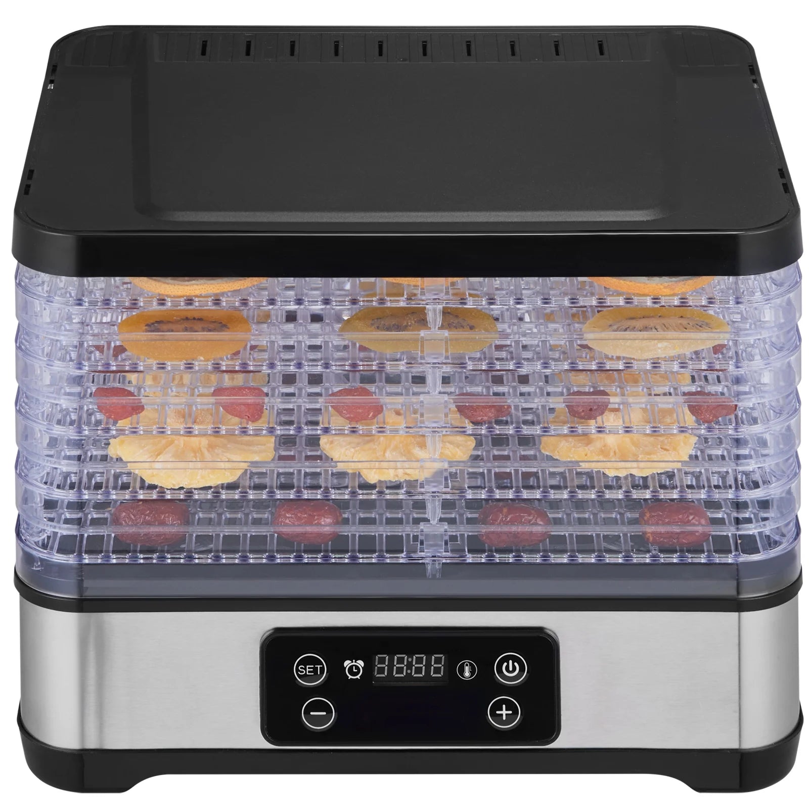 The SKYSHALO 5 Tray Food Dehydrator Machine features an adjustable timer and a powerful 300W motor, perfect for drying jerky and fruits.