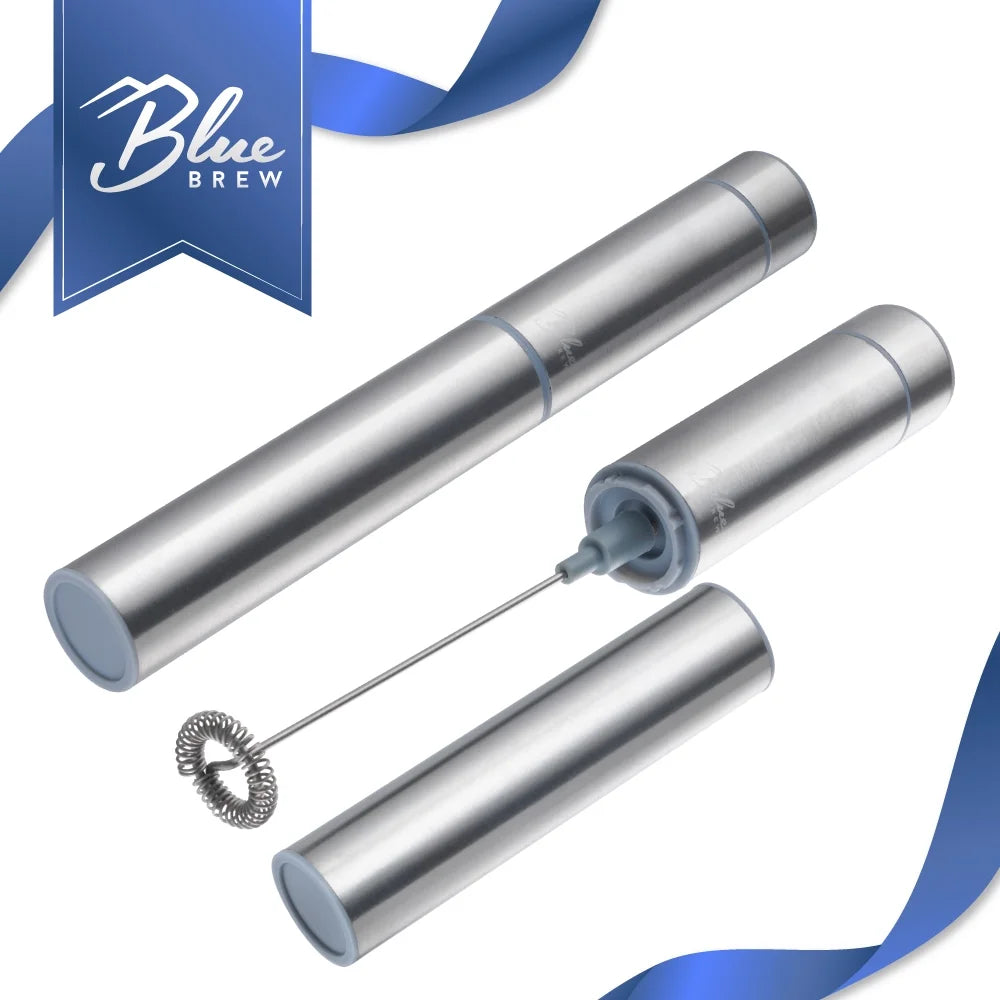 BLUE BREW 2PK Stainless Steel Electric Milk Frother, Handheld Foam Maker, Portable, Travel Drink Whisker for Latte, Hot Chocolate (BB1006-P2)