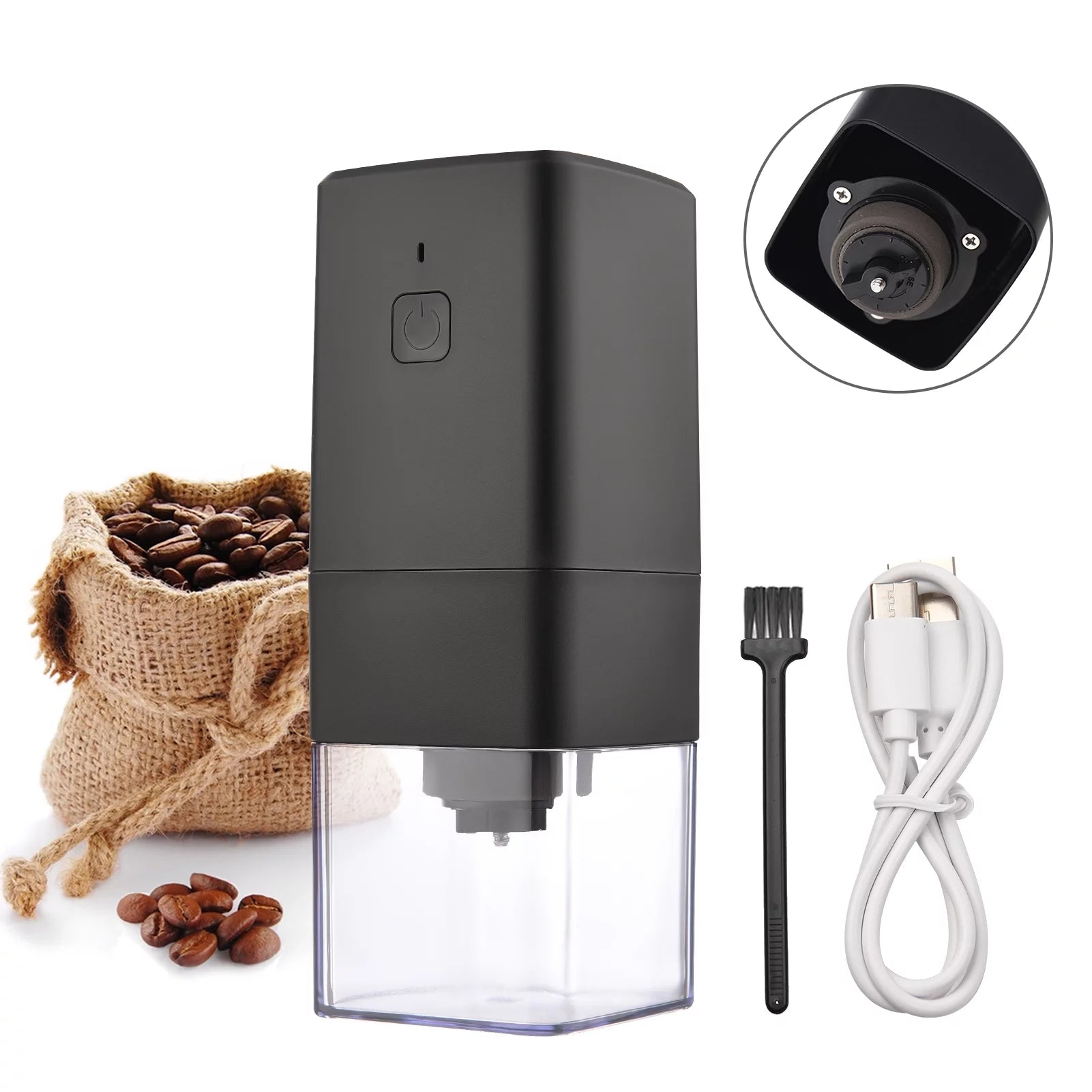 Portable Mini Electric Burr Coffee Grinder with Adjustable Coarse Fine Grinding Removable Chamber for Home Travel Office Coffee Shop