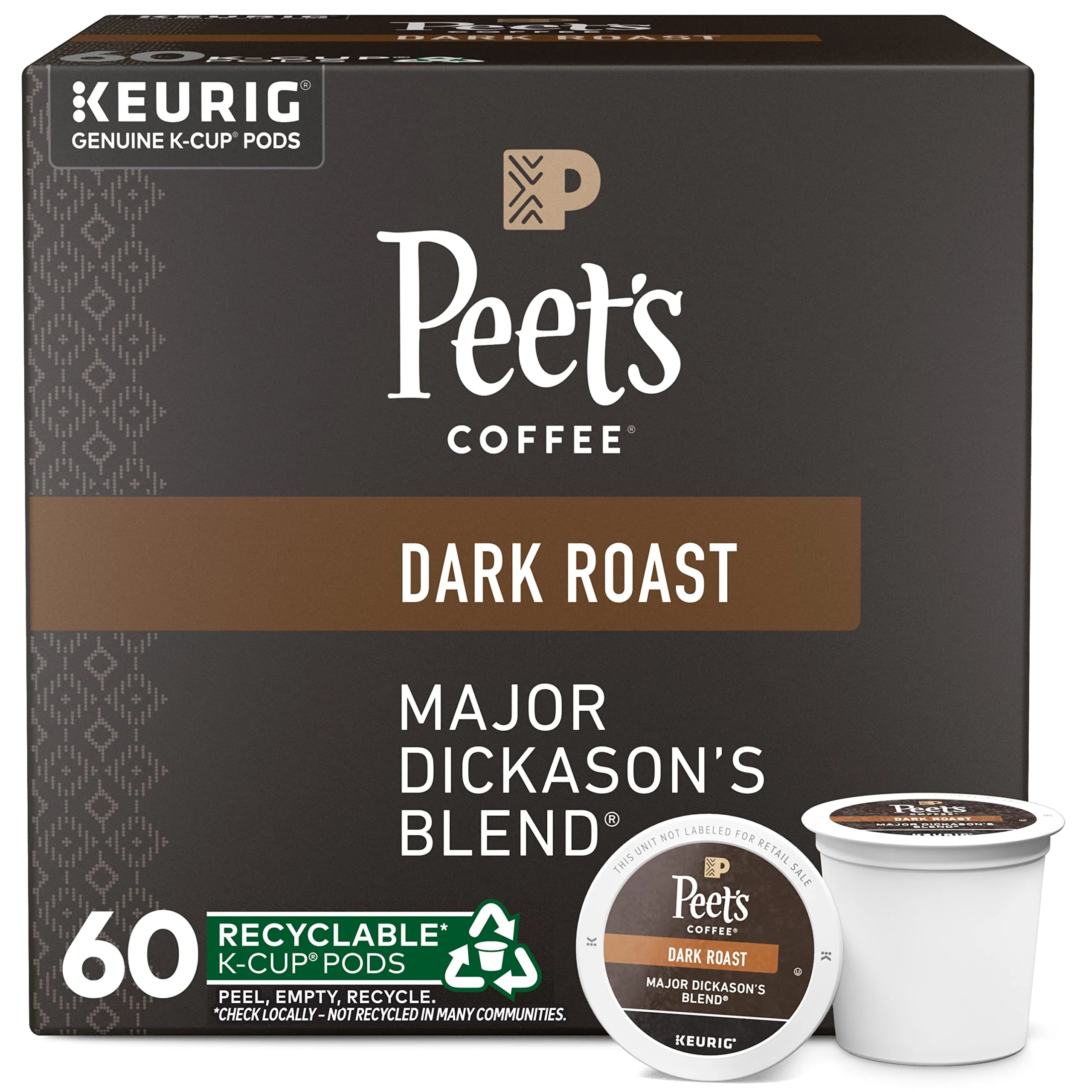 Indulge in the Superior Flavor of Peet's Coffee - Dark Roast K-Cup Pods for Keurig Brewers - Major Dickason's Blend | 60 Count (6 Boxes of 10 K-Cup Pods).