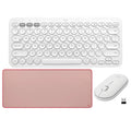 Logitech K380 Wireless Multi-Device Bluetooth Keyboard + Pebble M350 (Off-White) + Studio Series Desk Mat (Dark Rose)