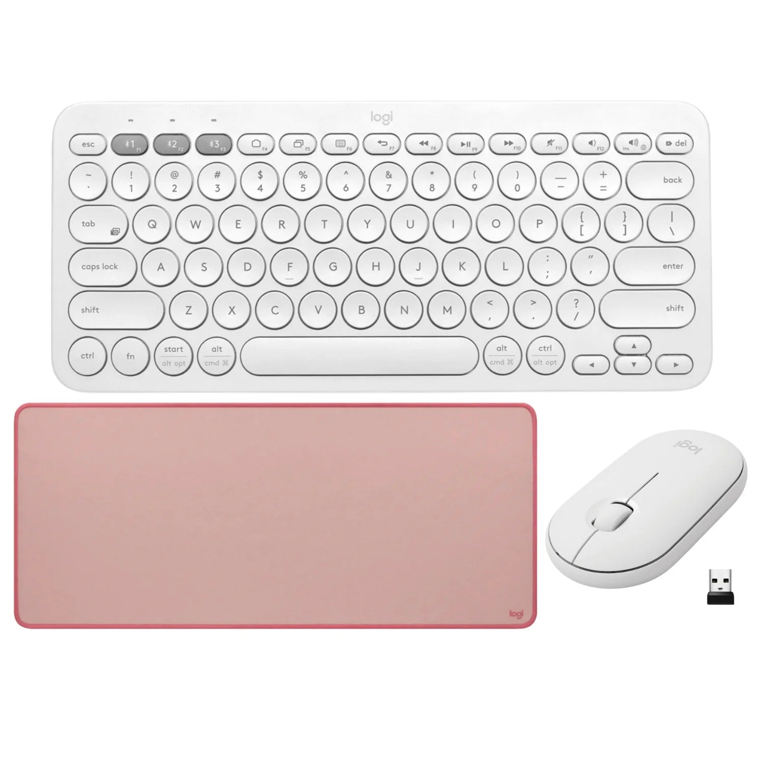 Logitech K380 Wireless Multi-Device Bluetooth Keyboard + Pebble M350 (Off-White) + Studio Series Desk Mat (Dark Rose)