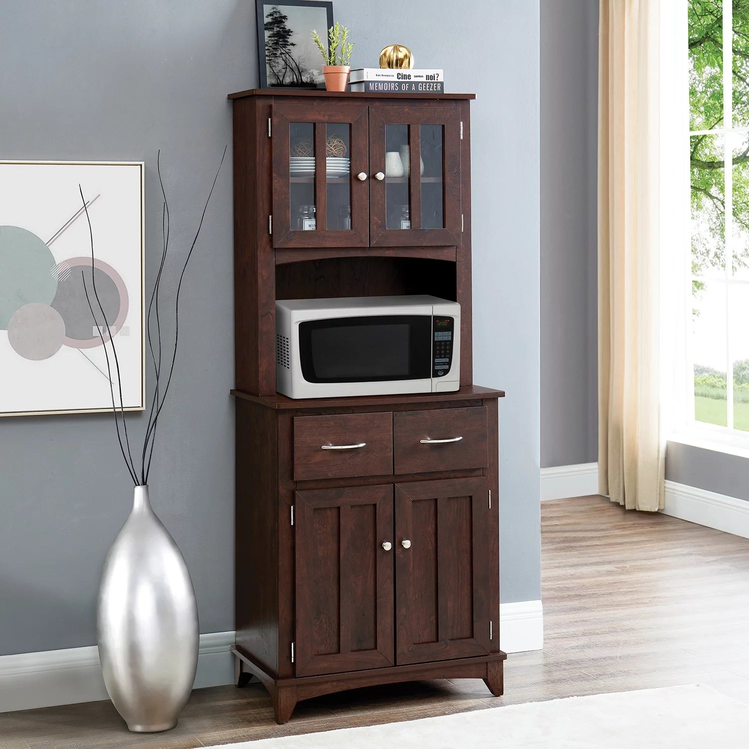 Home Source Espresso Microwave Stand with Top and Bottom Cabinets