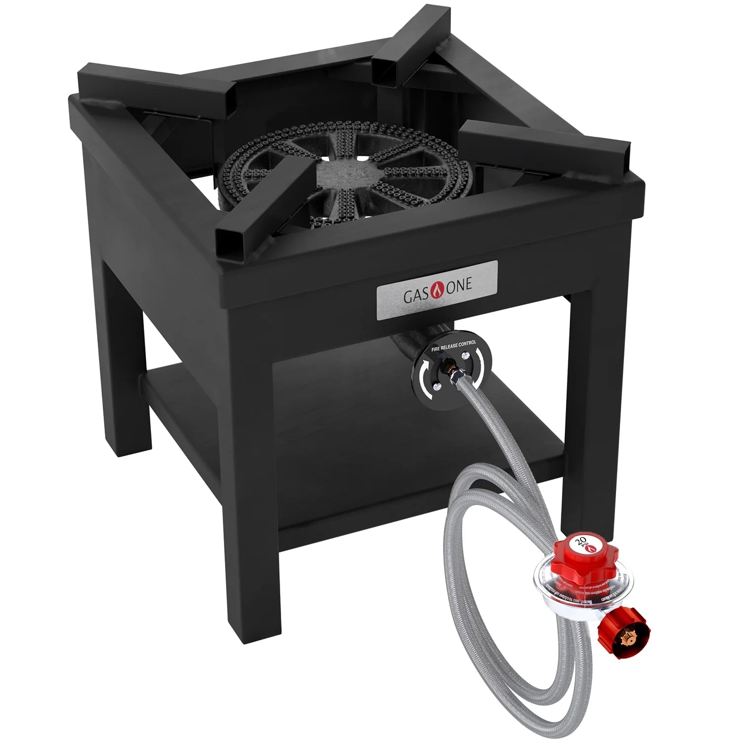 Gas One B-5350-RED Rugged Propane Burner Outdoor Cooker With 0-20 PSI Regulator with Pressure Gauge For Outdoor Cooking, Turkey Fry, Black